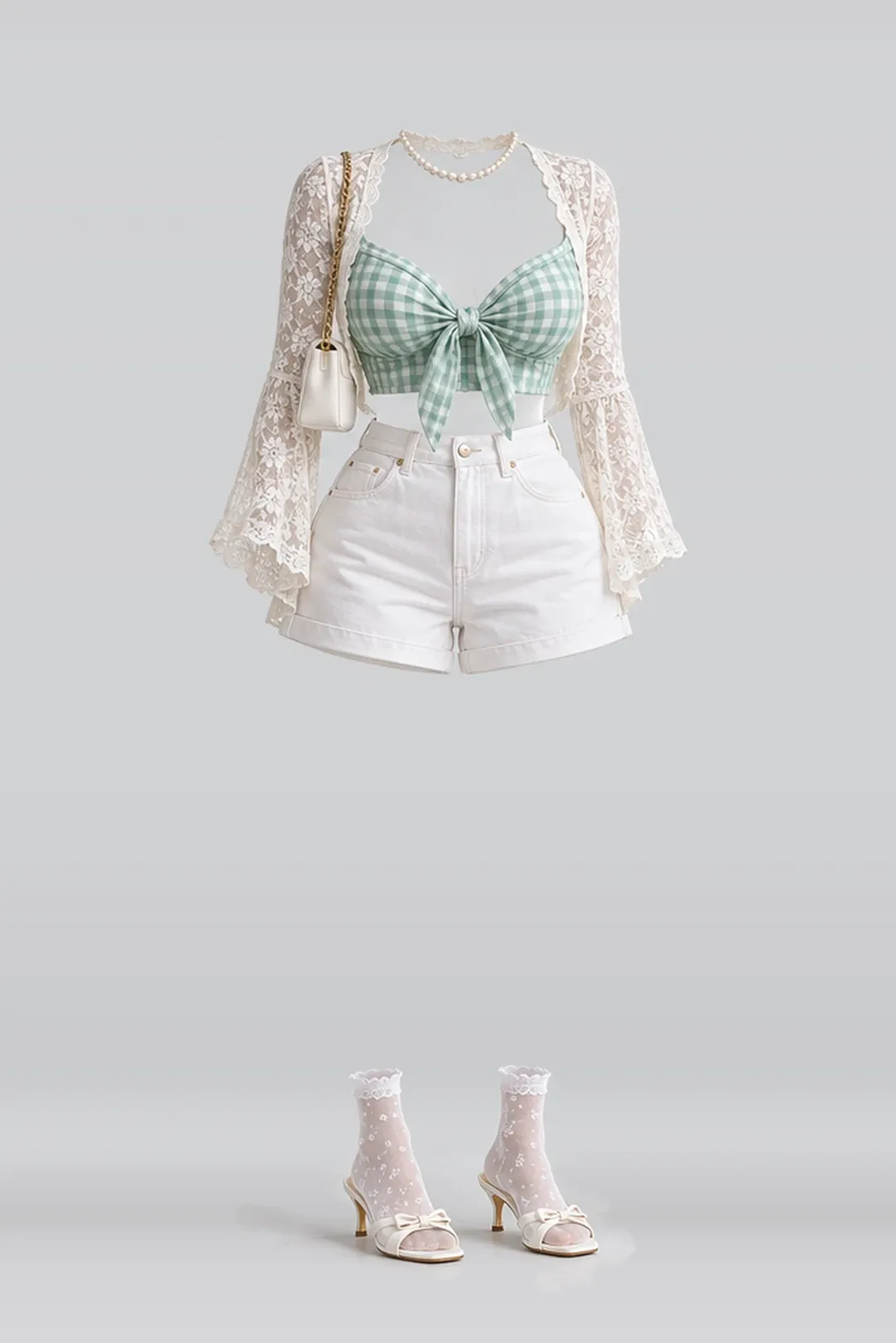 Mint white denim shorts + lace socks