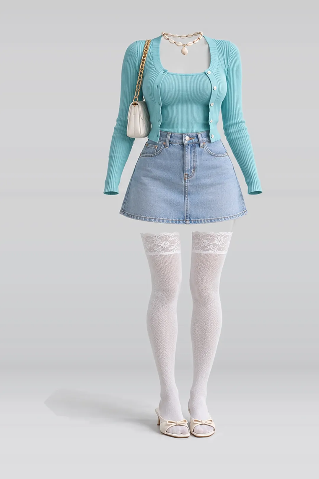 Cardigan + blue denim mini skirt