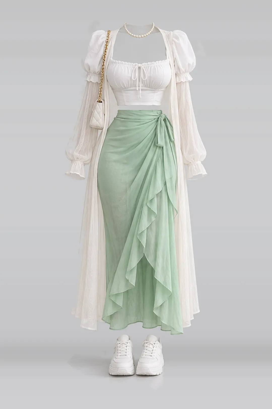 White mint skirt + cardigan