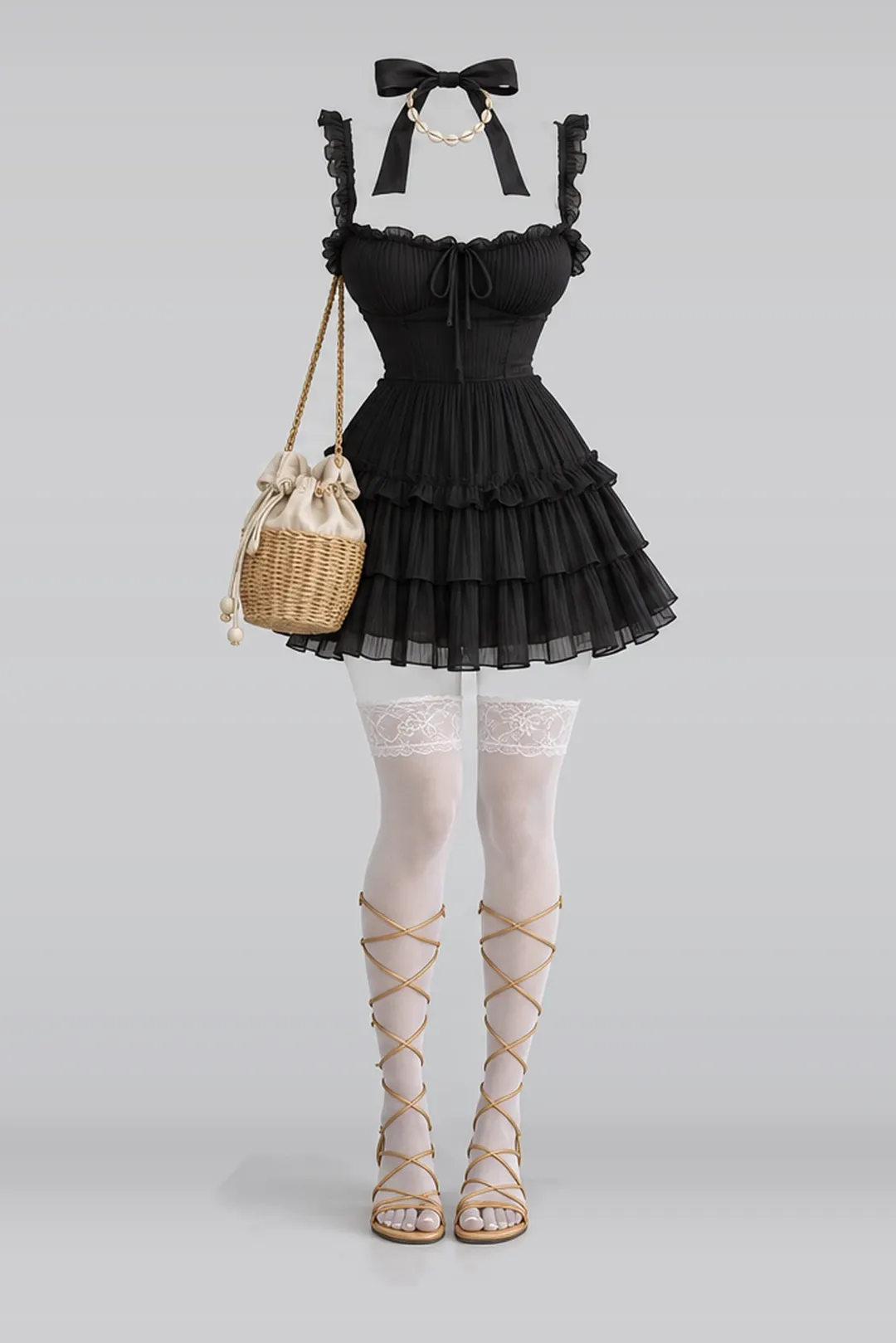 Black ribbon frill pleated dress + lace socks