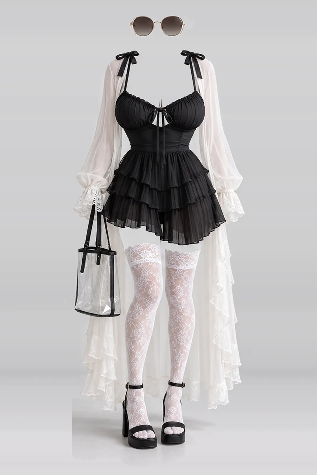 Black ribbon frill pleated dress + cardigan
