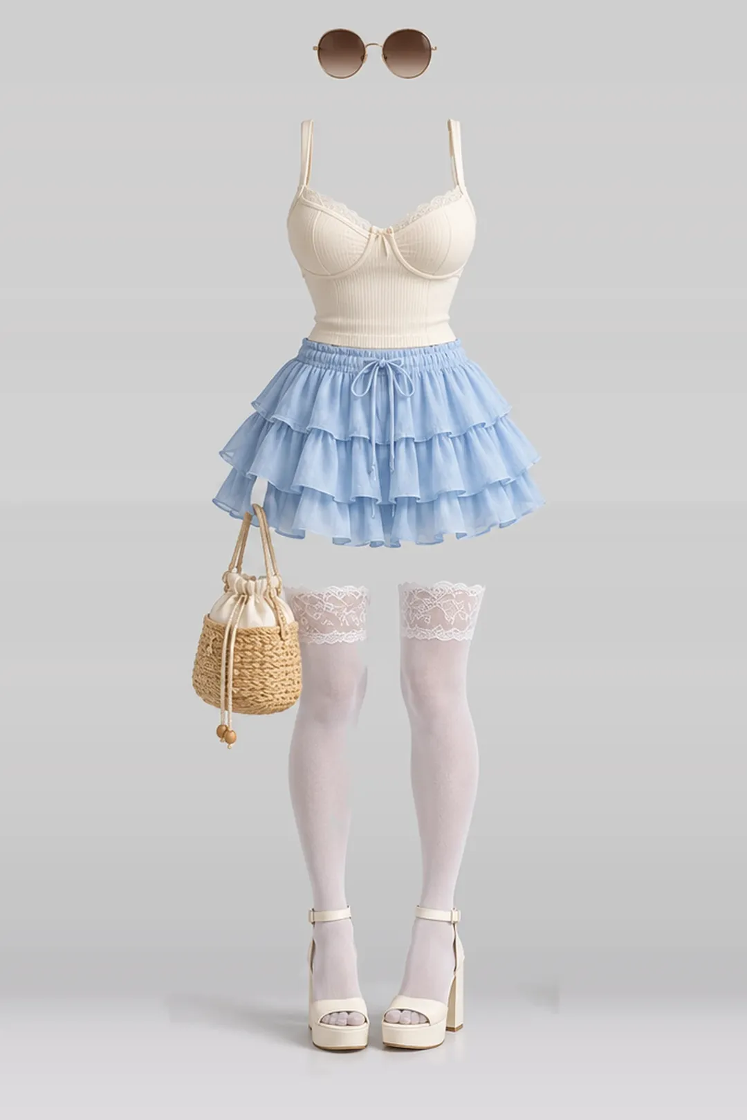 Cream blue mini skirt + lace socks