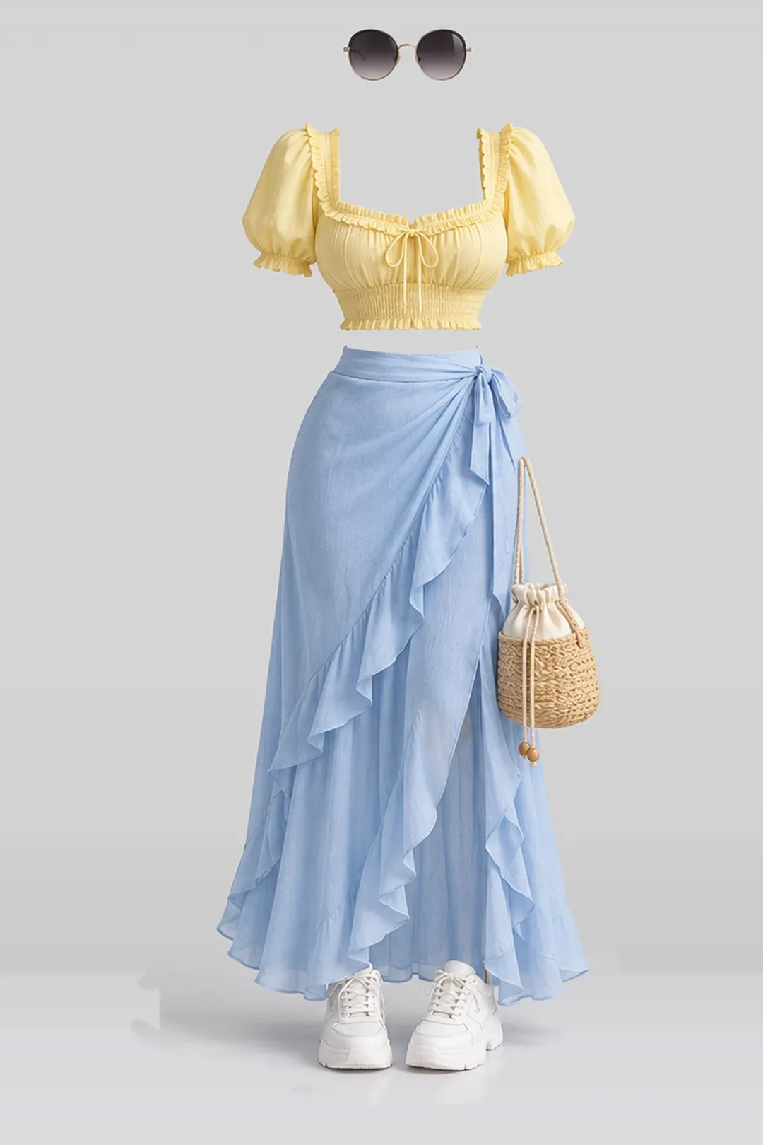 Yellow blue skirt + white sneakers