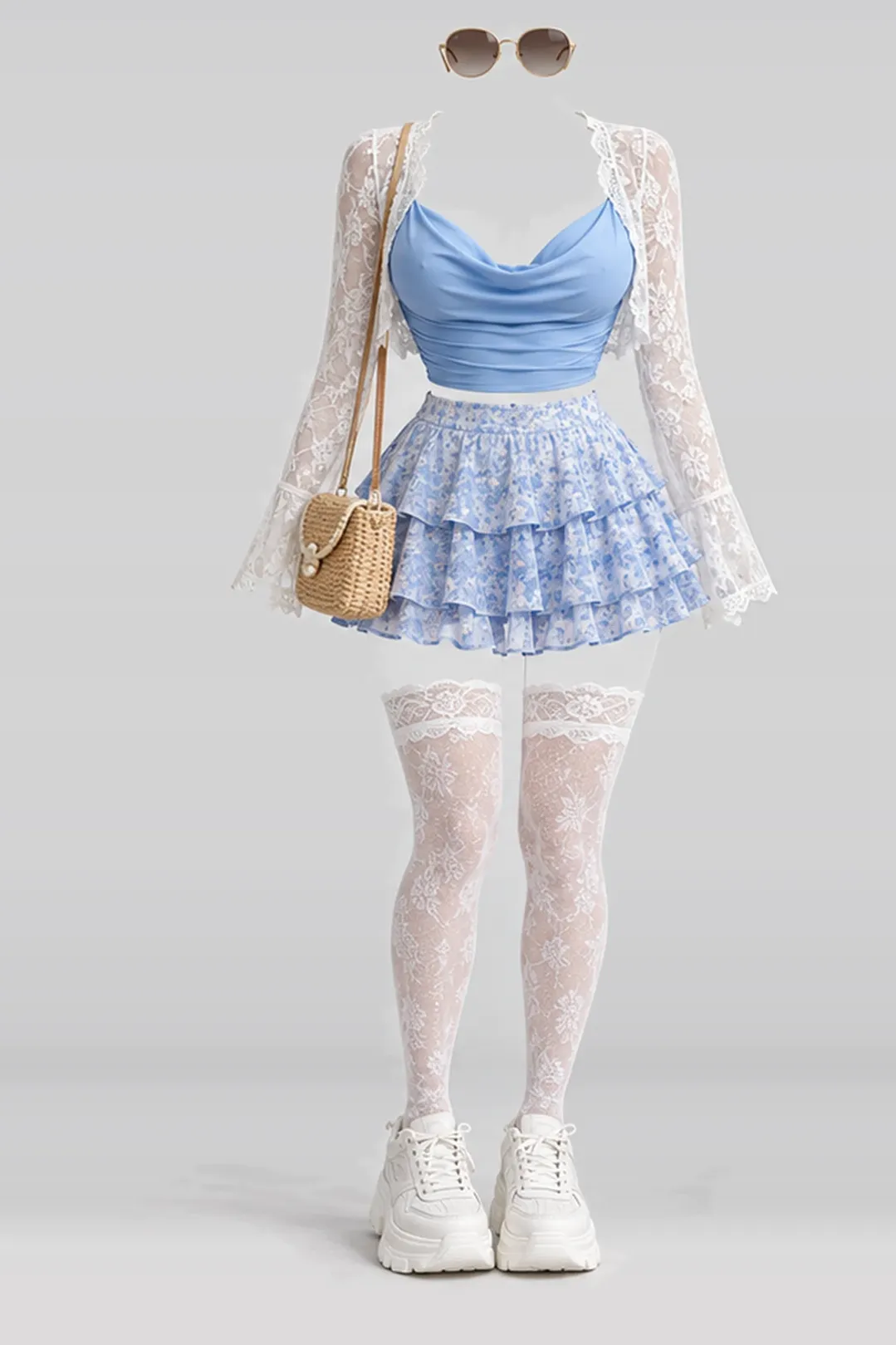 Blue mini skirt + lace socks