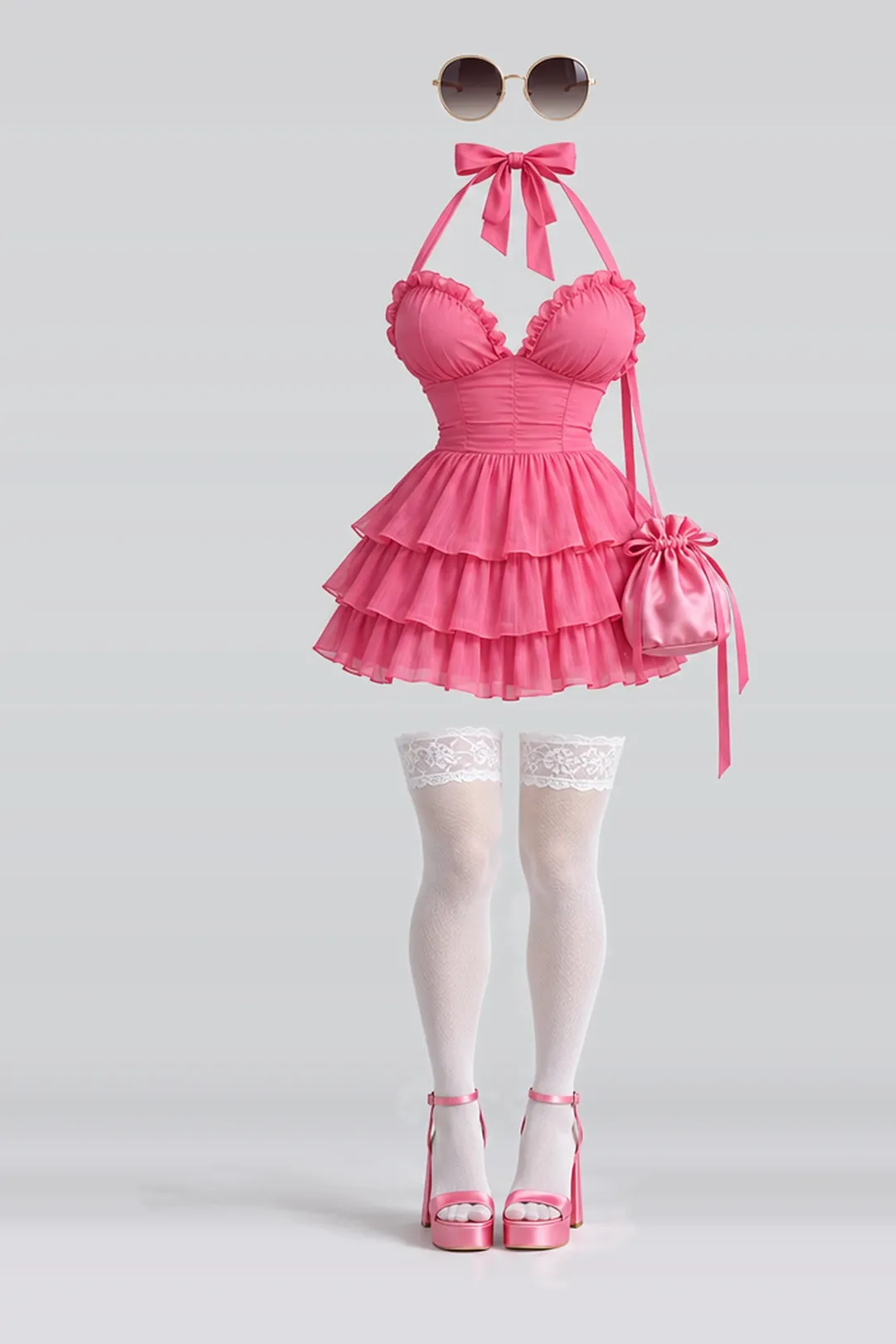 Pink ribbon frill pleated dress + lace socks