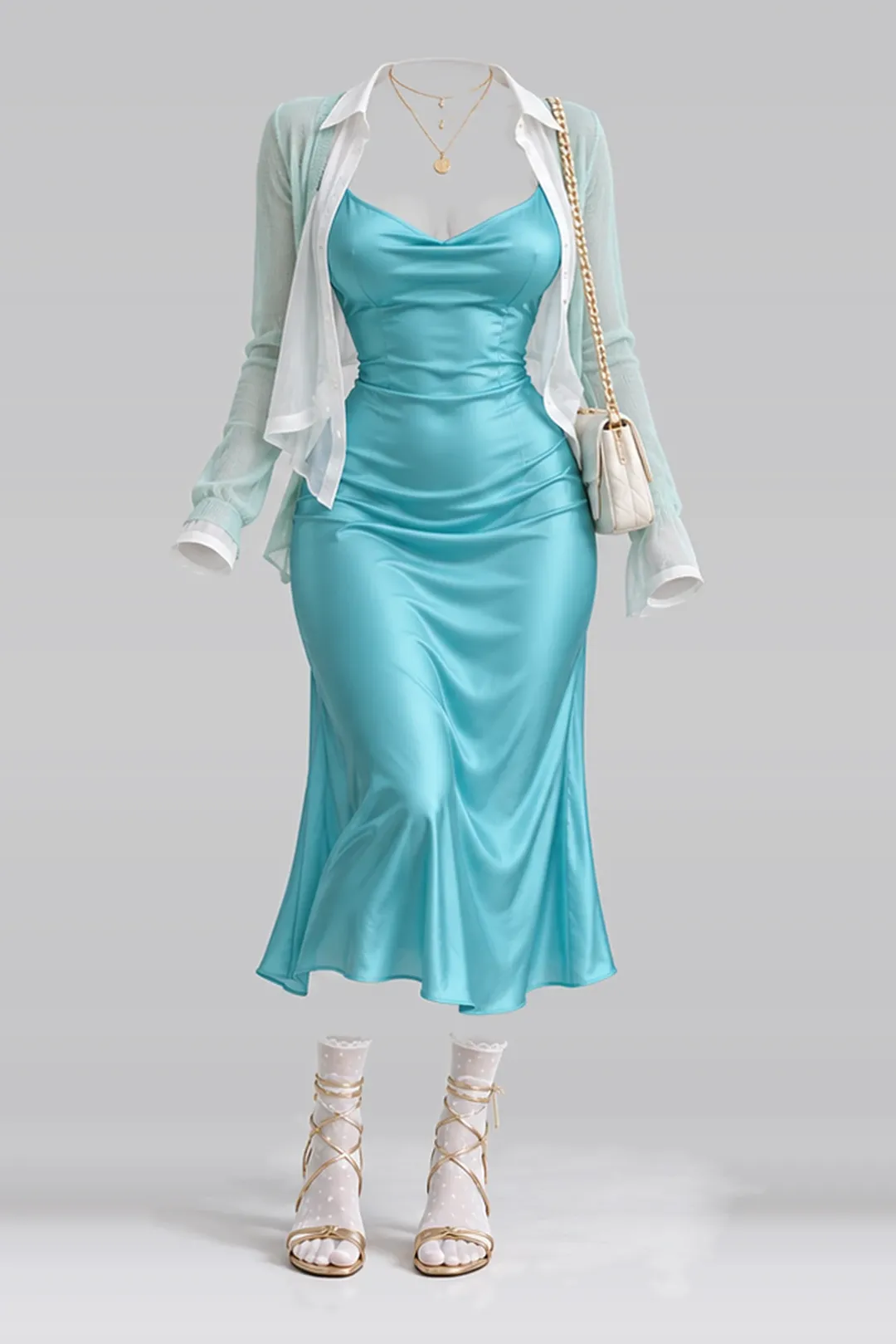 Satin midi dress + cardigan