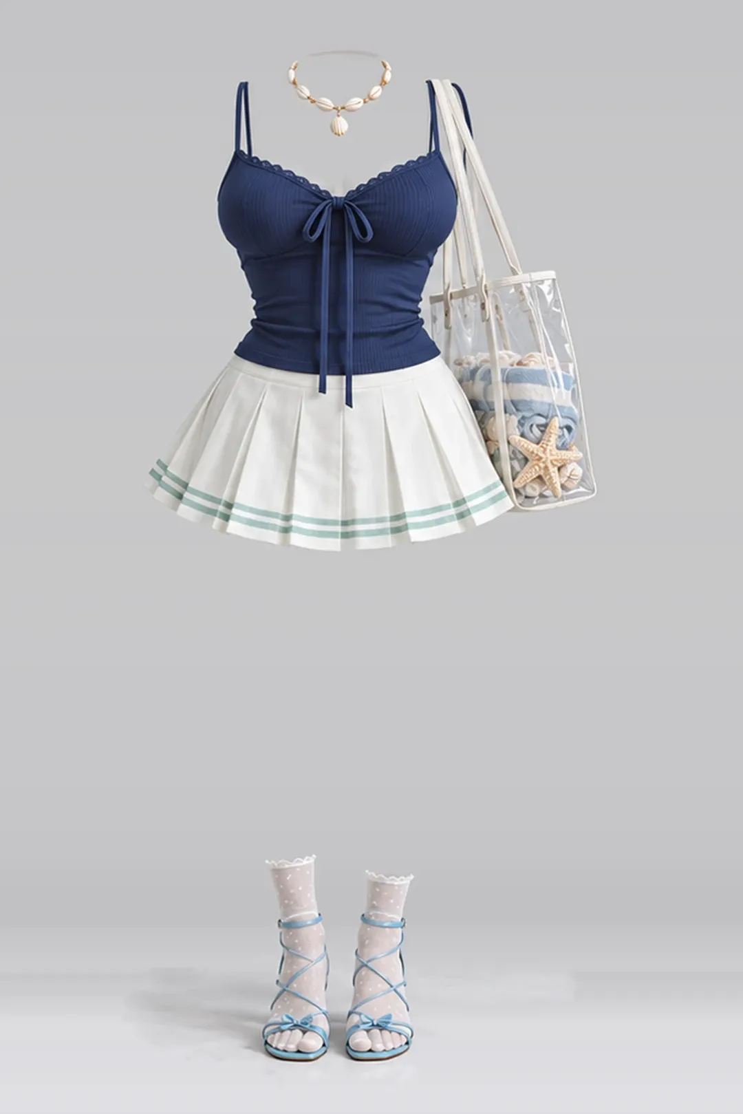Navy ribbon camisole + mint white mini skirt