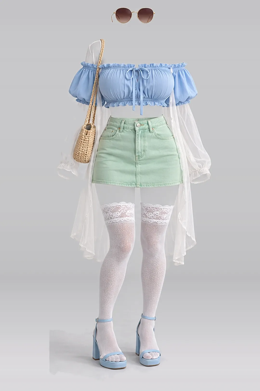 Blue blouse + mint denim mini skirt