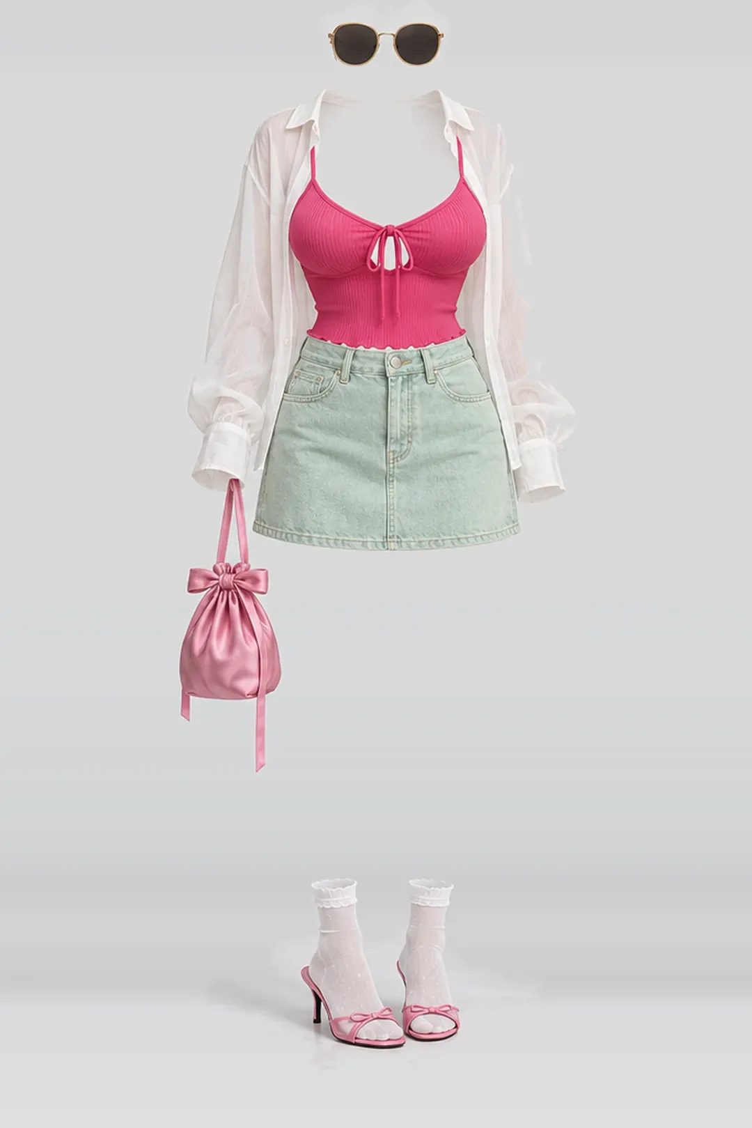 Pink ribbon camisole + mint denim mini skirt