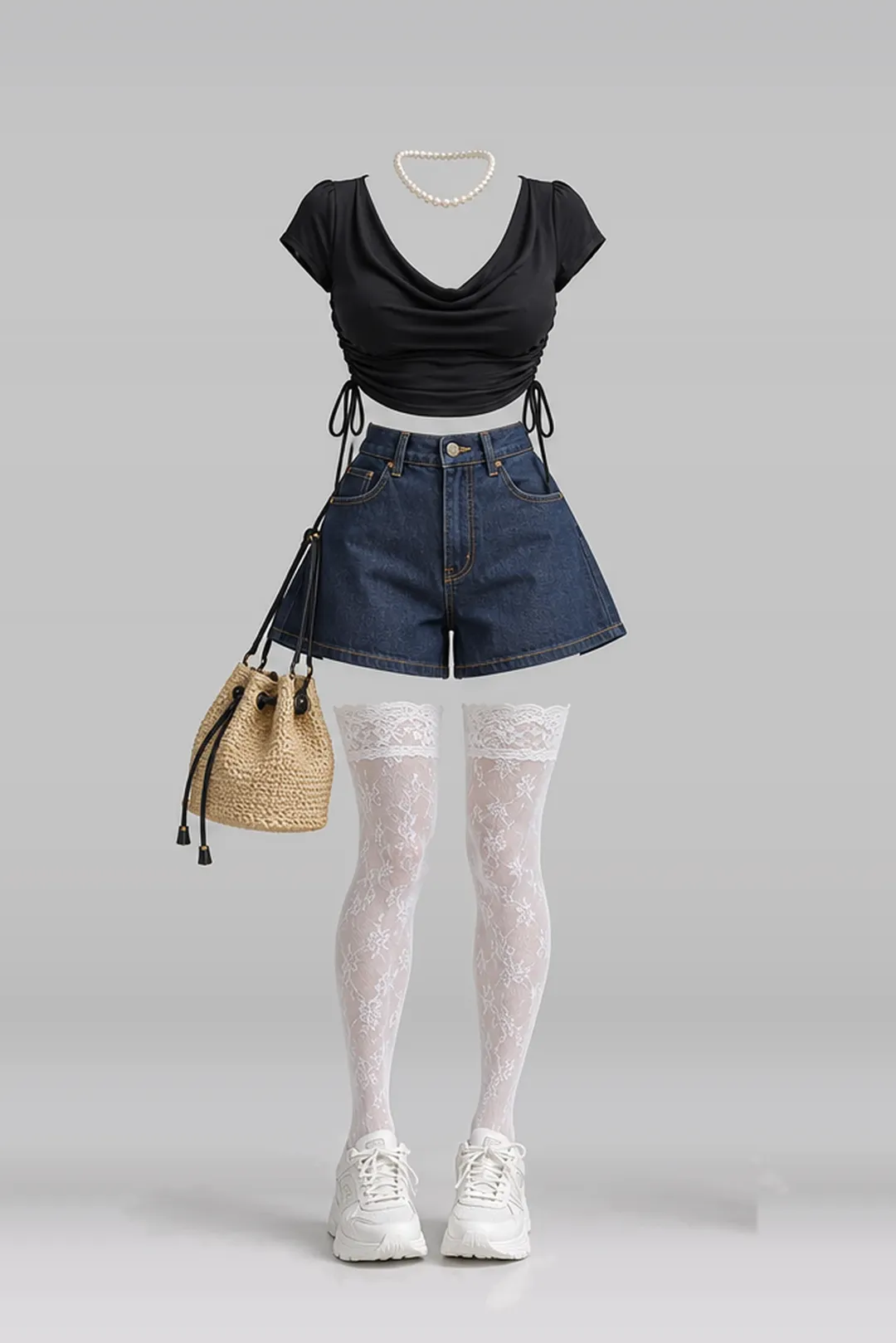 Black navy denim shorts + lace socks