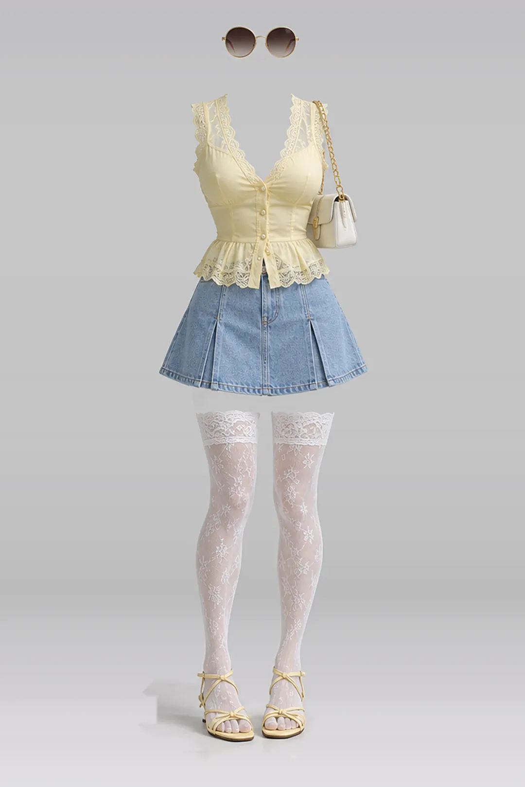 Yellow lace blouse + blue denim mini skirt