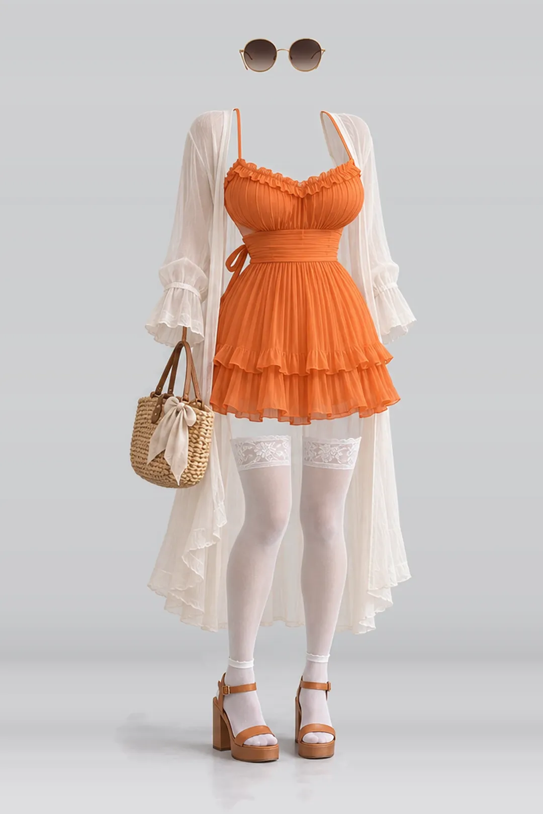 Orange ribbon frill pleated dress + cardigan