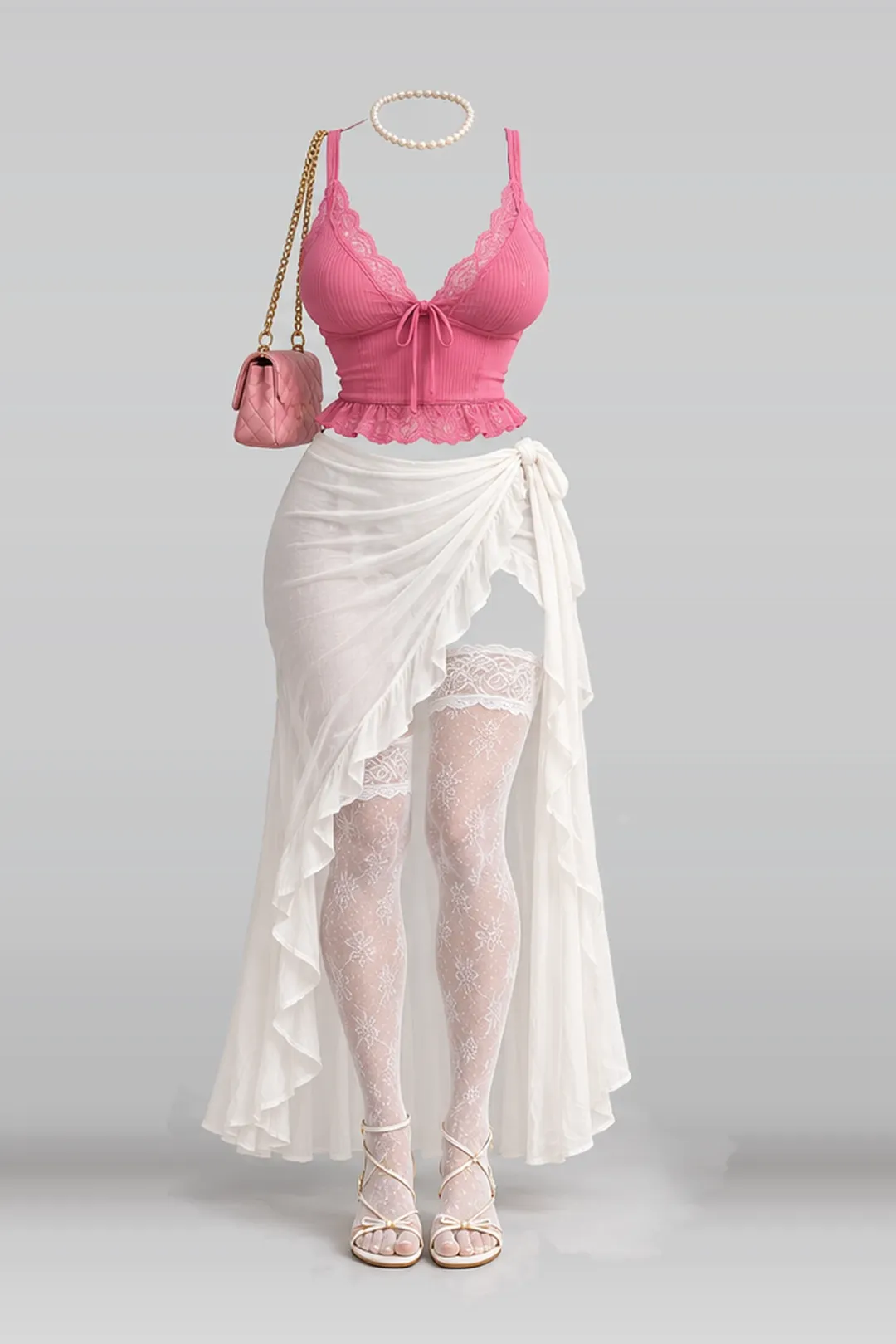 Pink lace blouse + white skirt