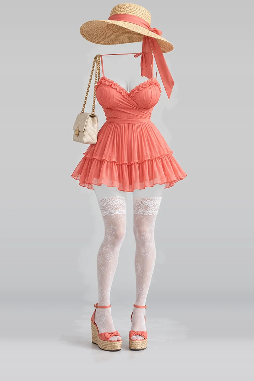Ribbon frill pleated dress + lace socks