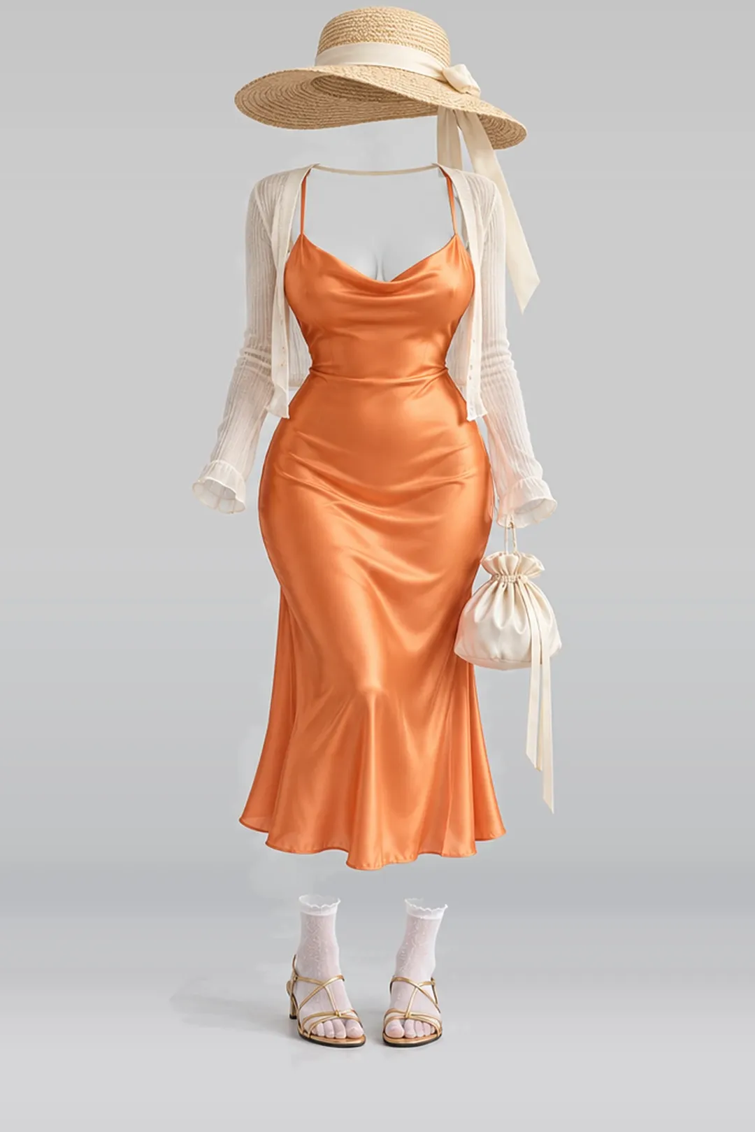 Orange satin midi dress + cardigan