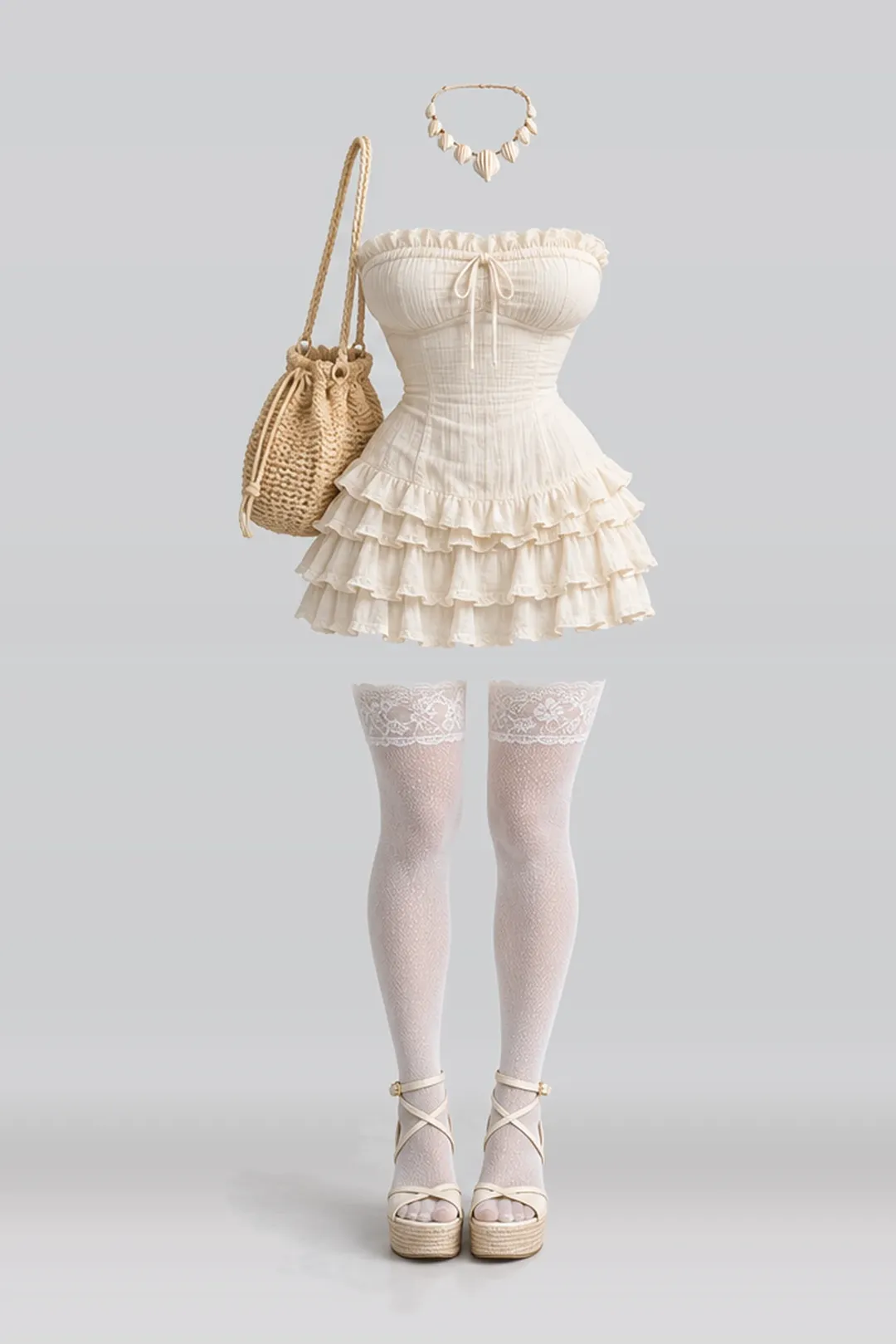Cream frill mini dress + lace socks