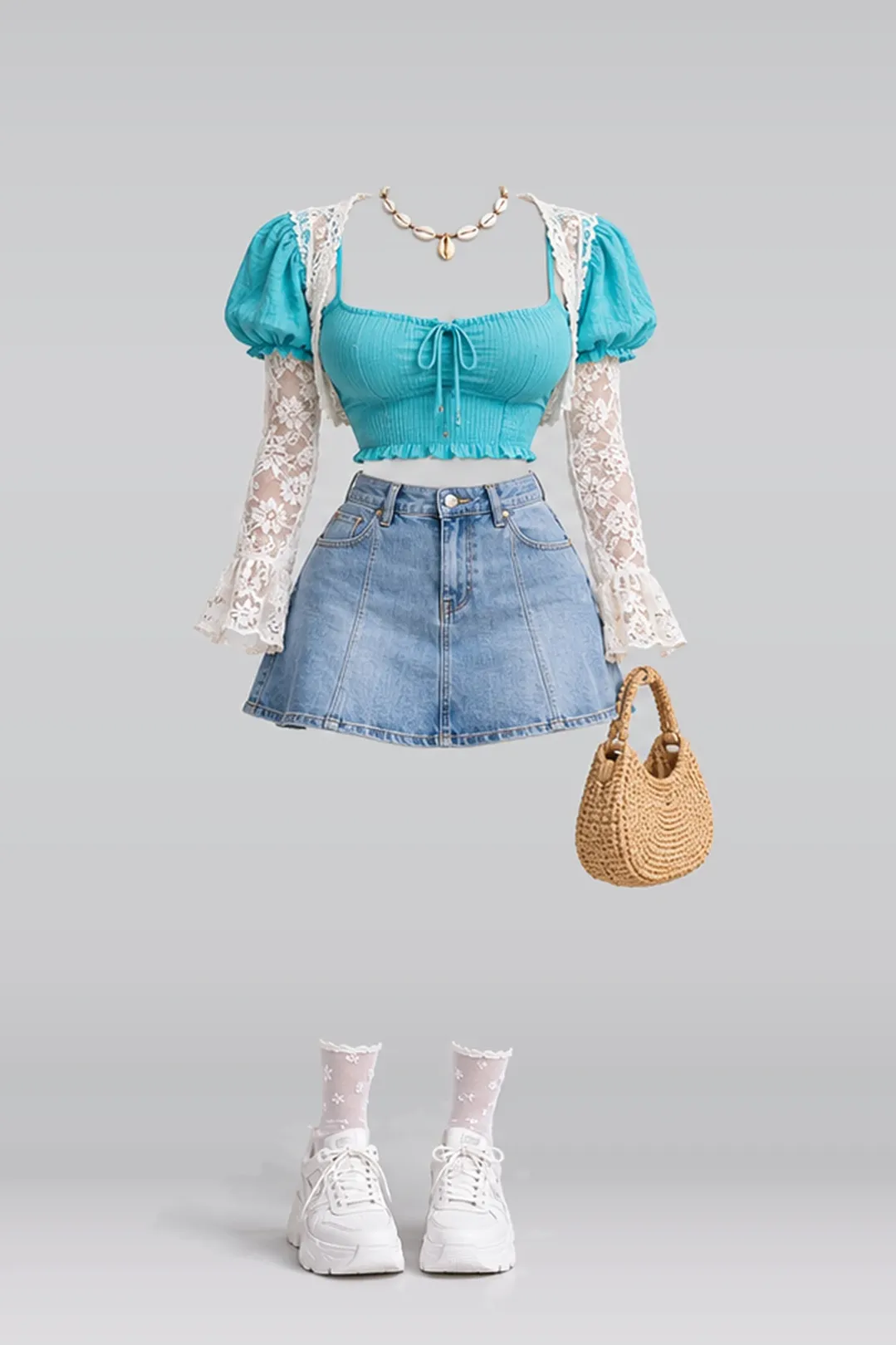 Blue denim mini skirt + lace trim
