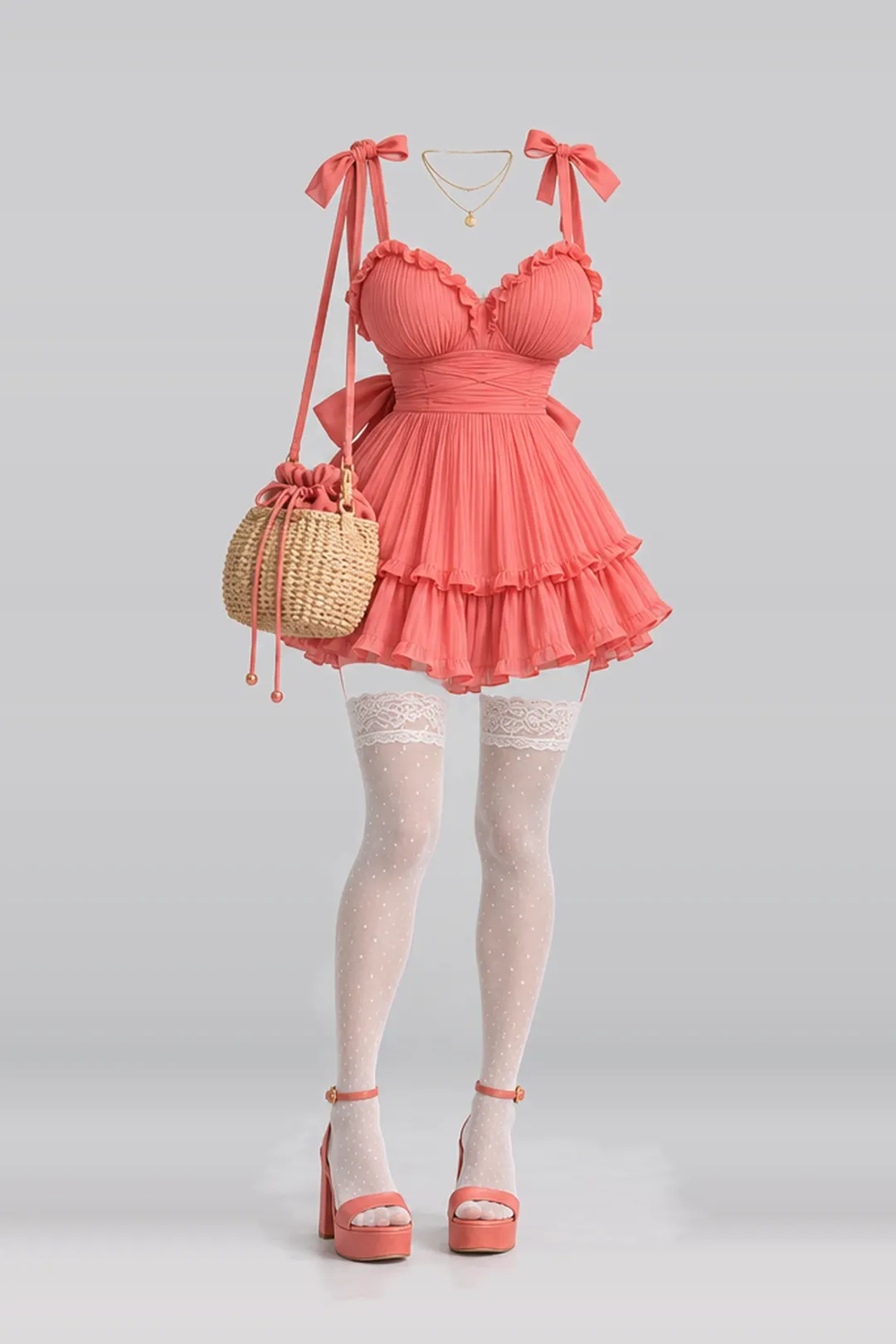 Ribbon frill pleated dress + lace socks