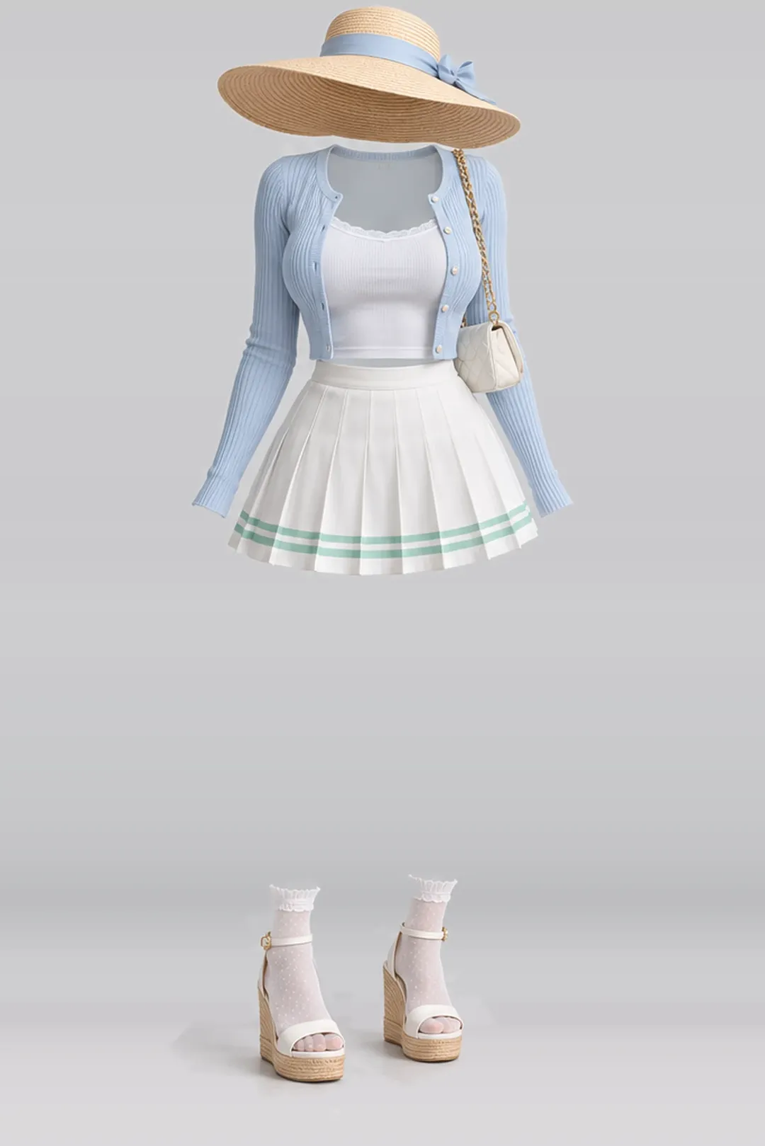 Blue cardigan + mint white mini skirt