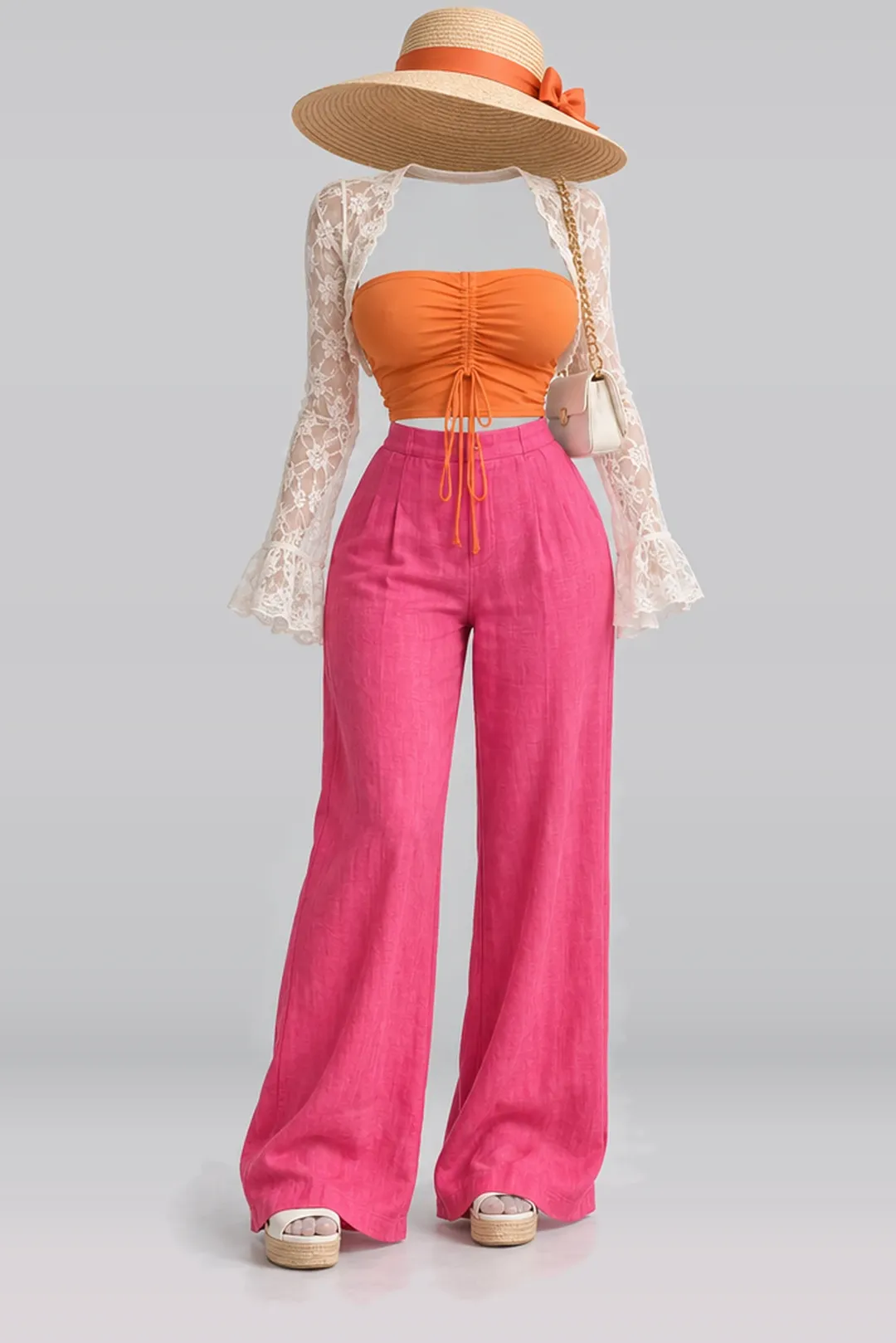Orange pink trousers + lace sandals