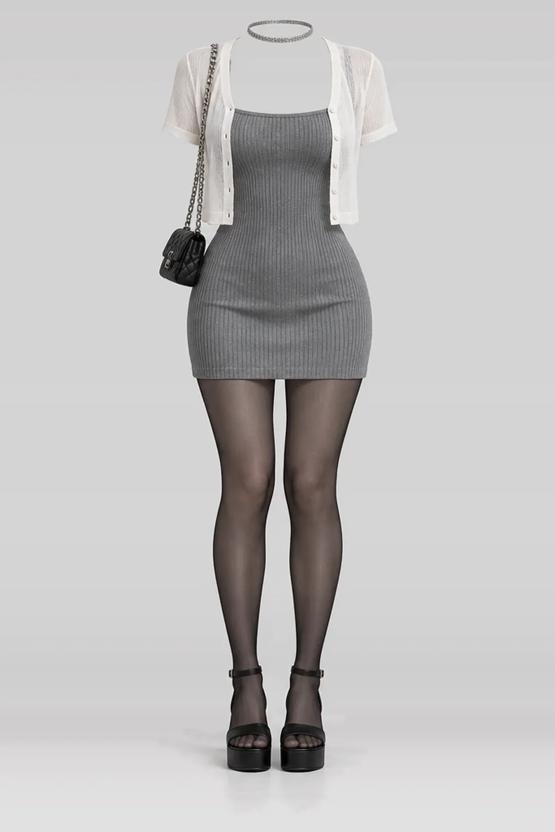 Grey knit mini dress + white cardigan