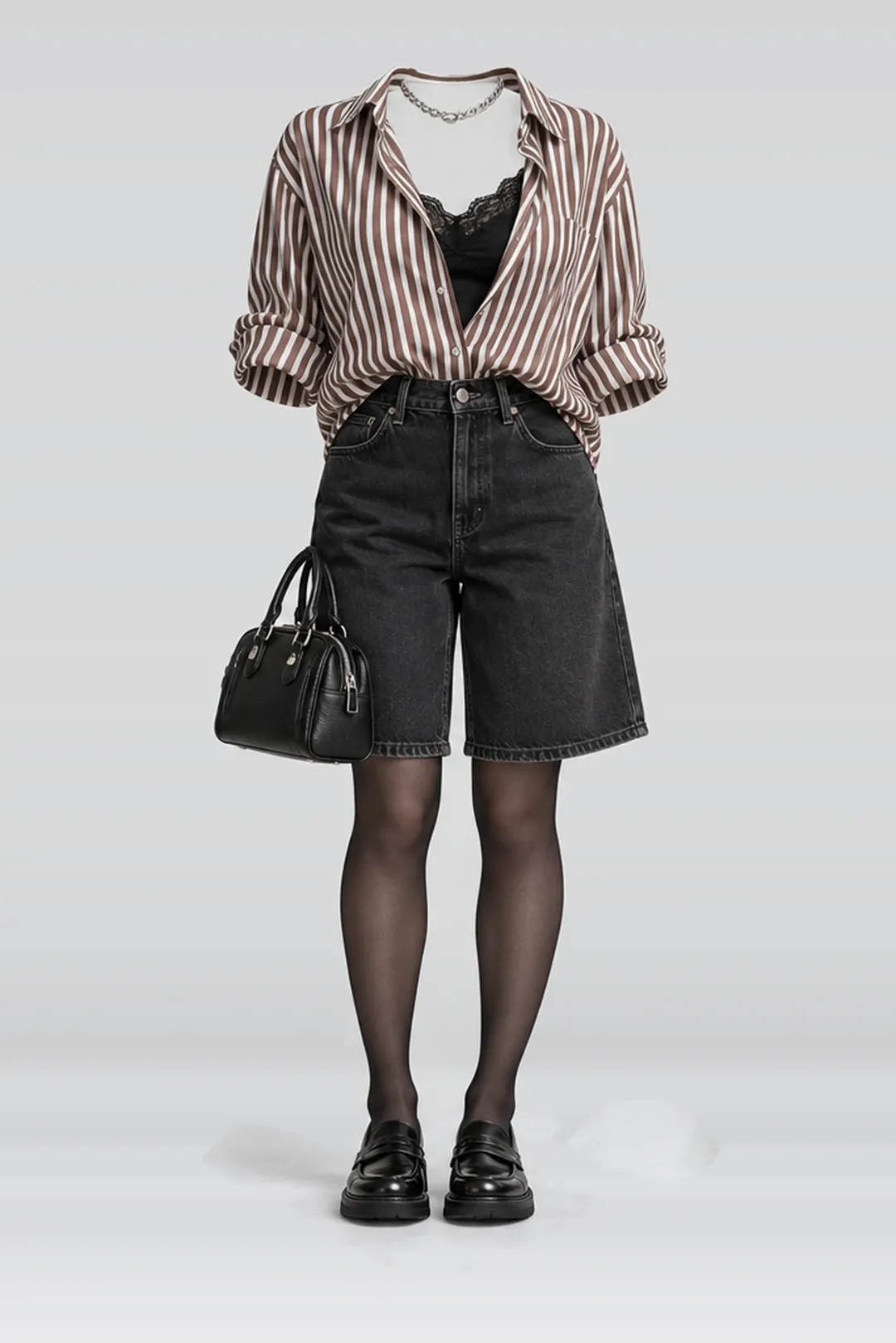 Brown white shirt + black lace camisole