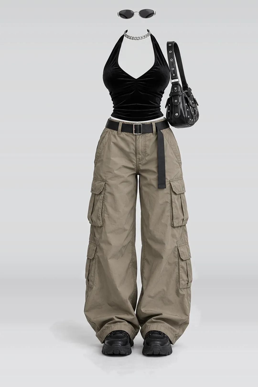 Black camisole + khaki trousers