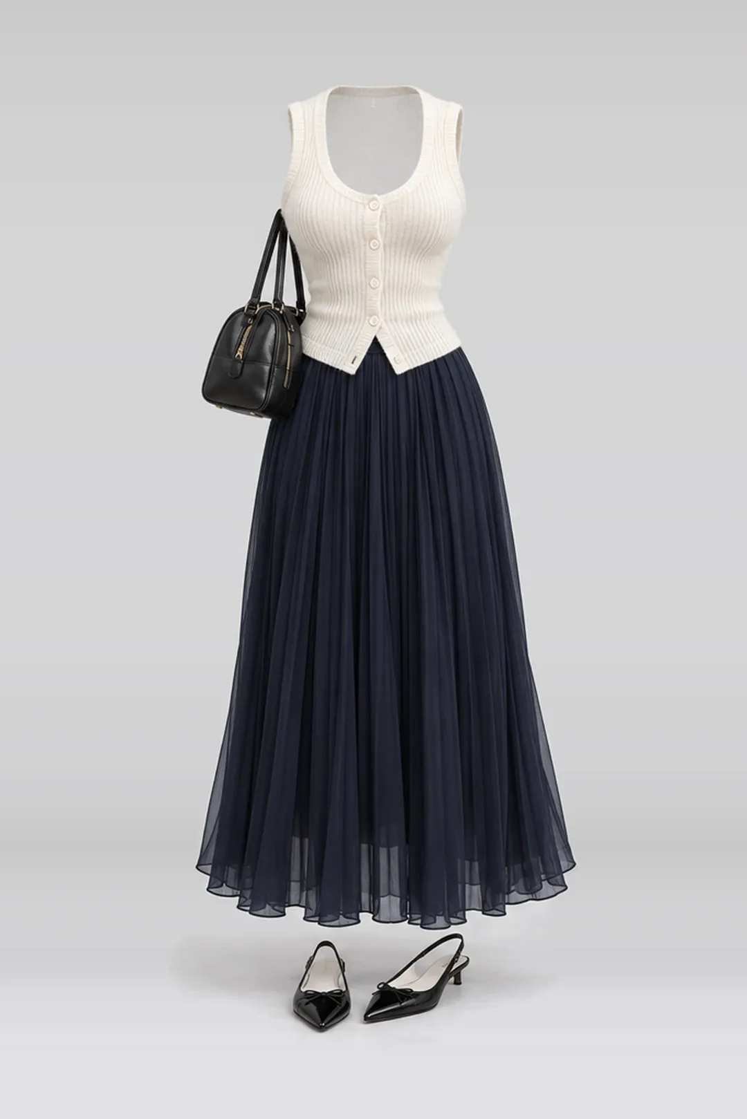 Ivory knit vest + navy pleated chiffon black skirt