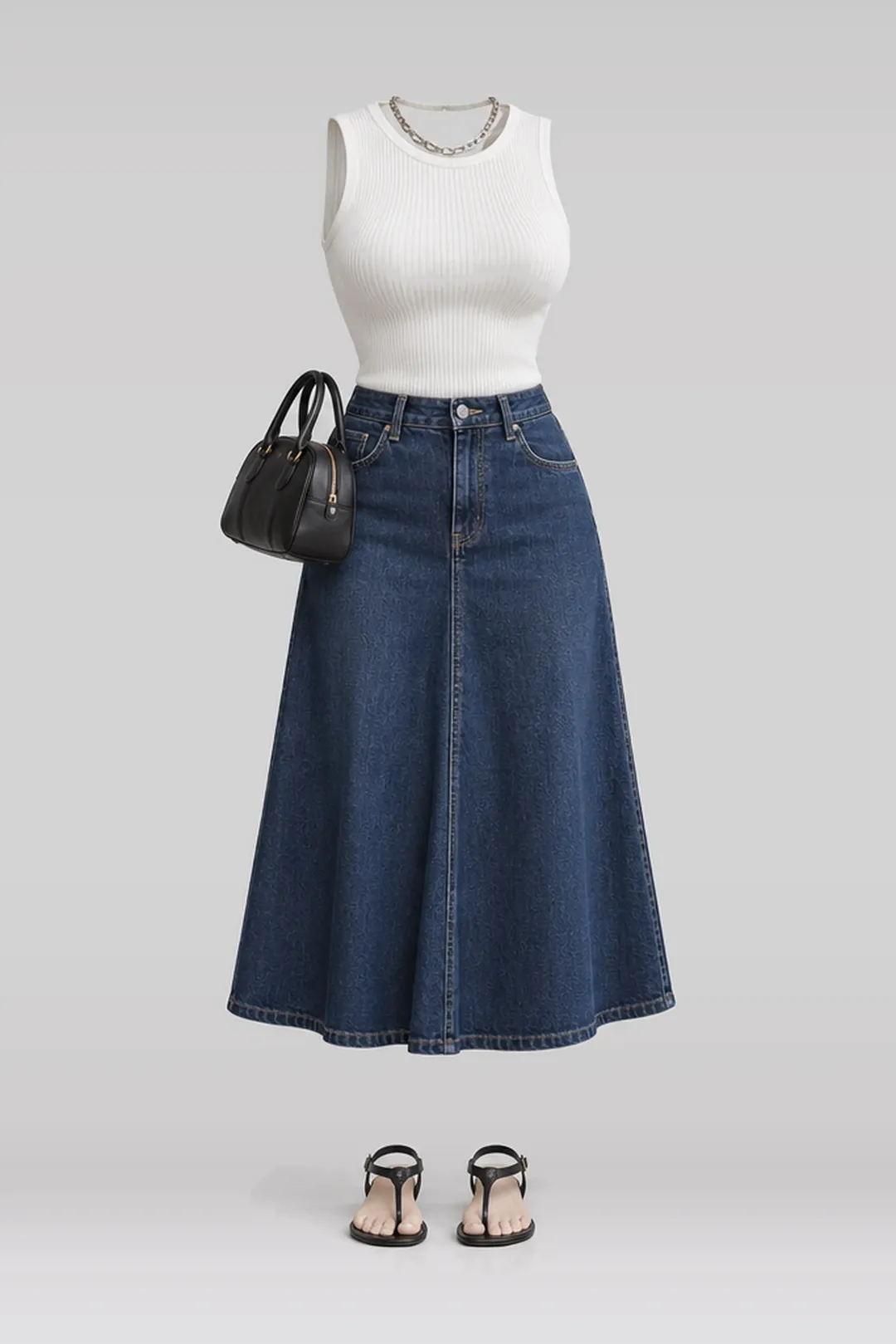 White knit denim midi skirt + black sandals