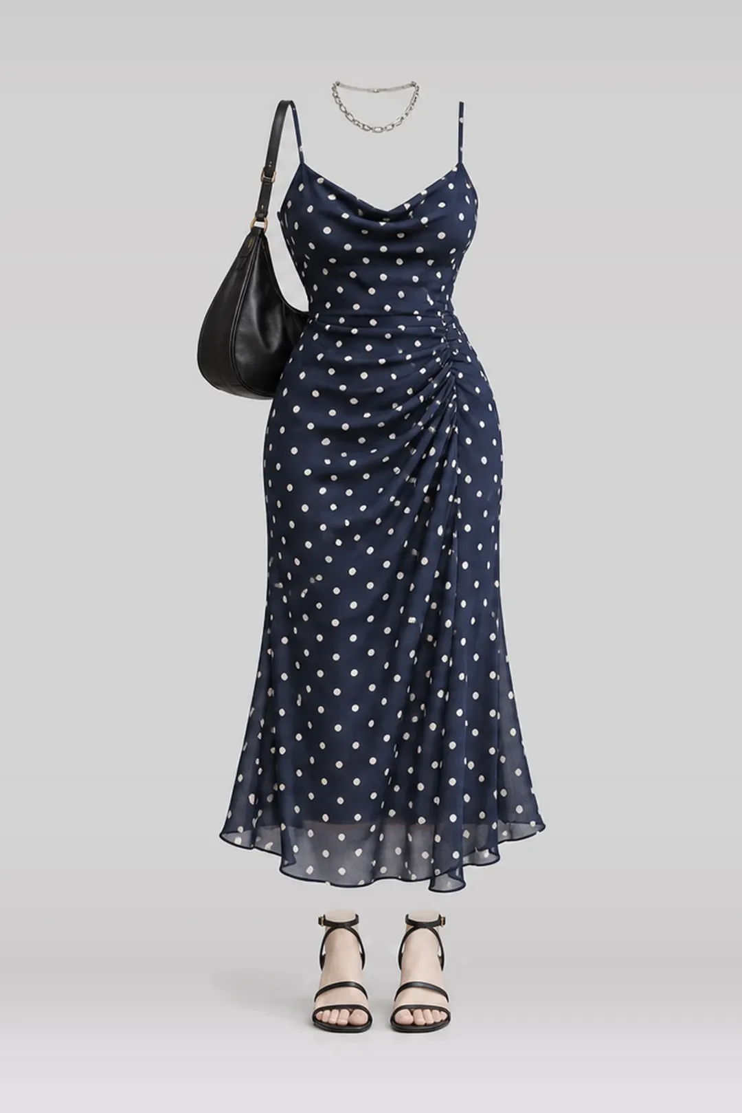 Navy white polka-dot camisole + midi dress