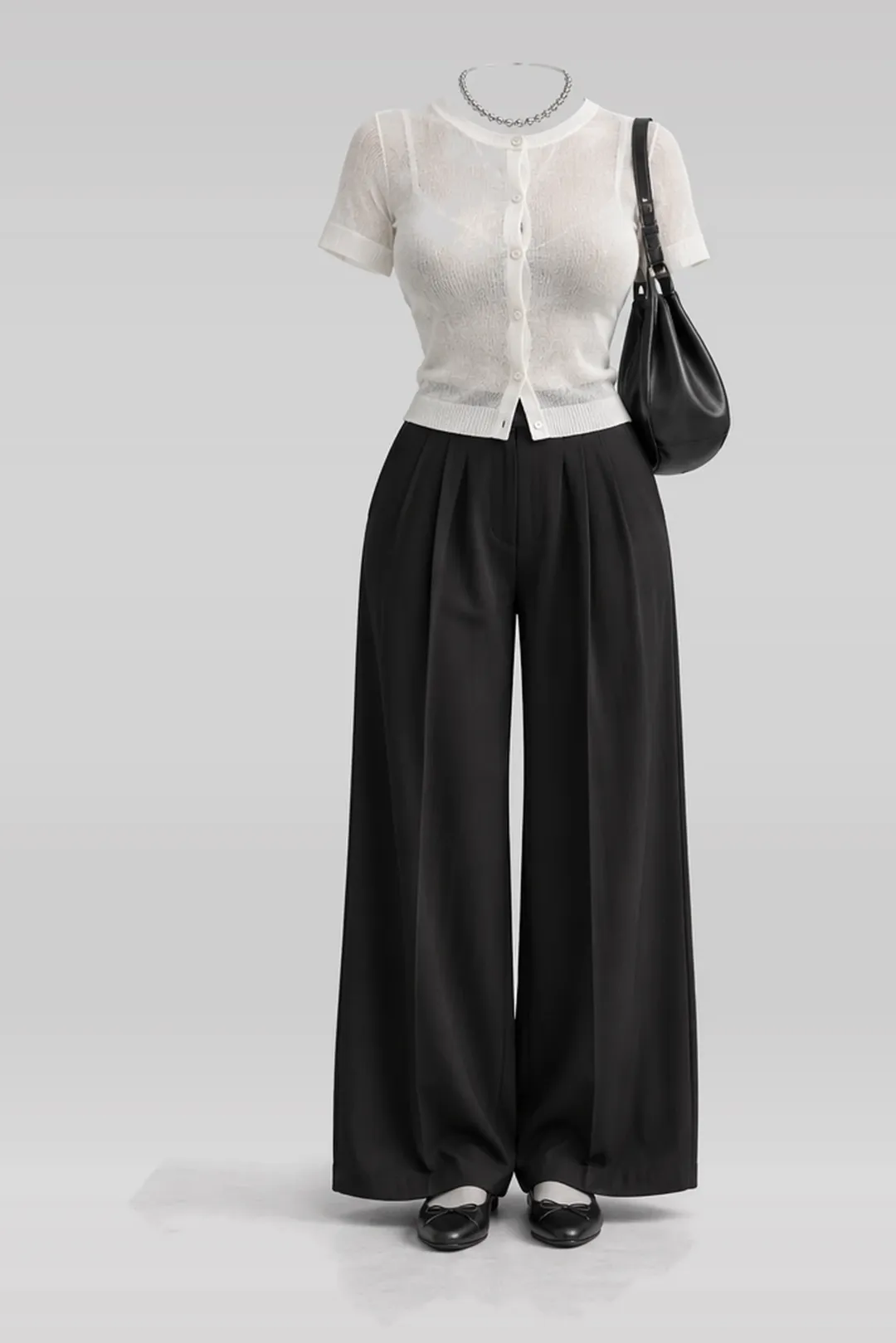 Ivory cardigan + black pleated bag