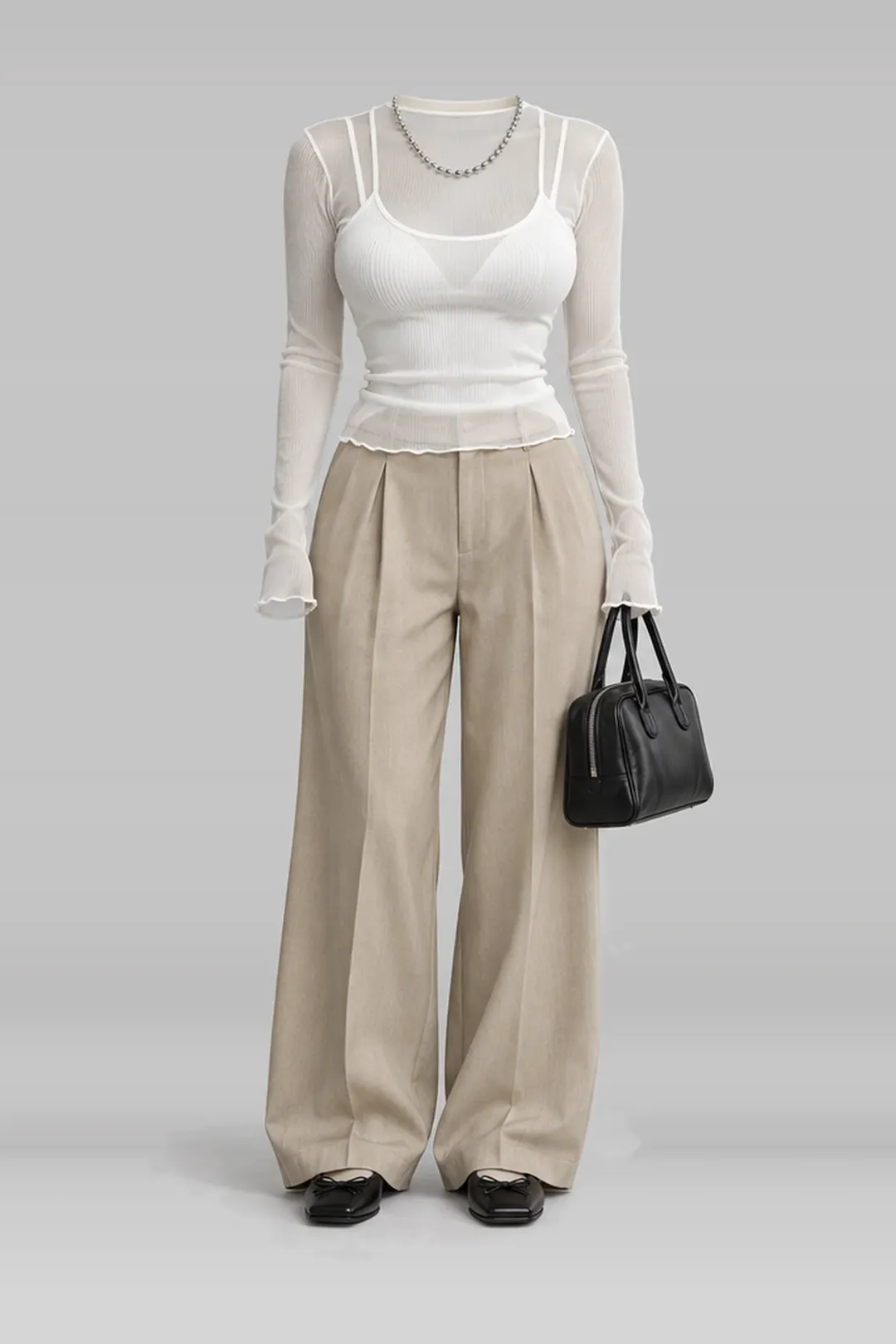 White mesh shirt + beige black leather bag