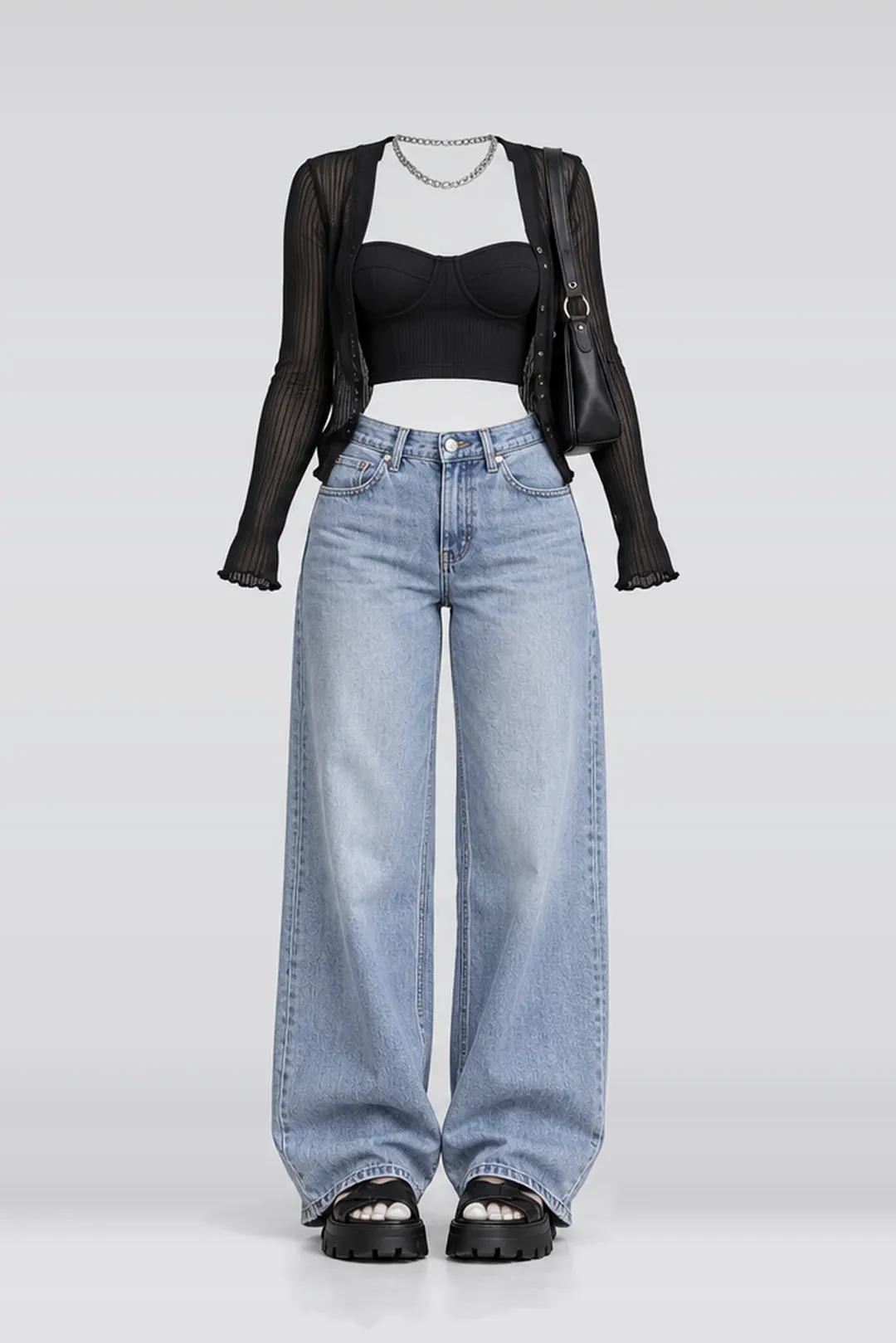 Black cardigan + blue denim jeans