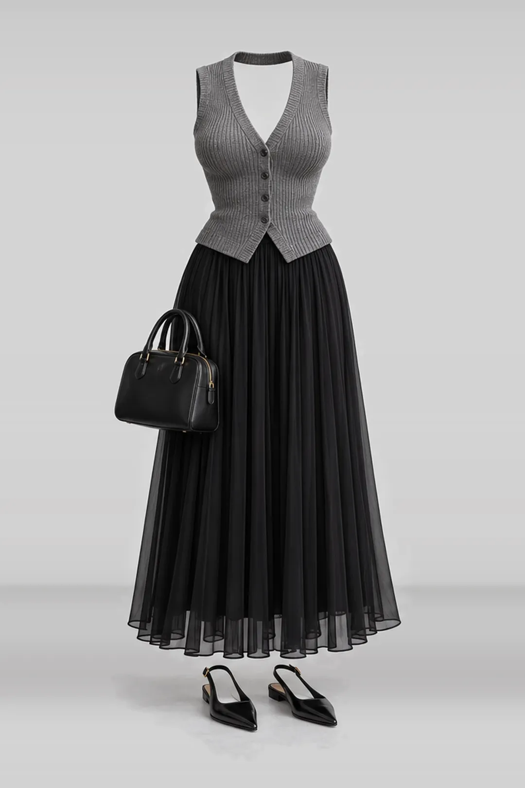 Grey knit vest + black pleated chiffon skirt