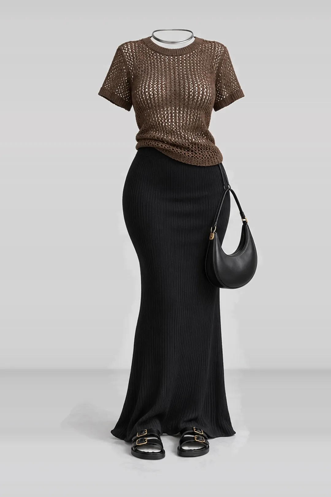 Brown mesh knit top + black maxi skirt