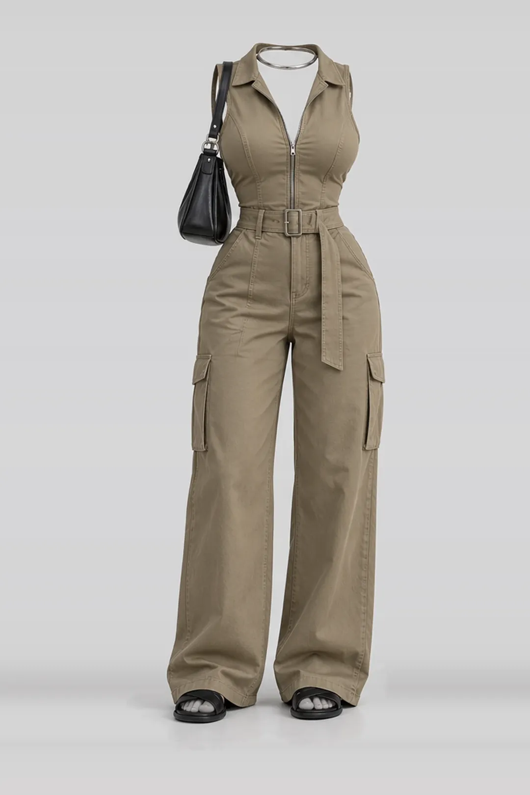 Khaki black sandals + leather bag