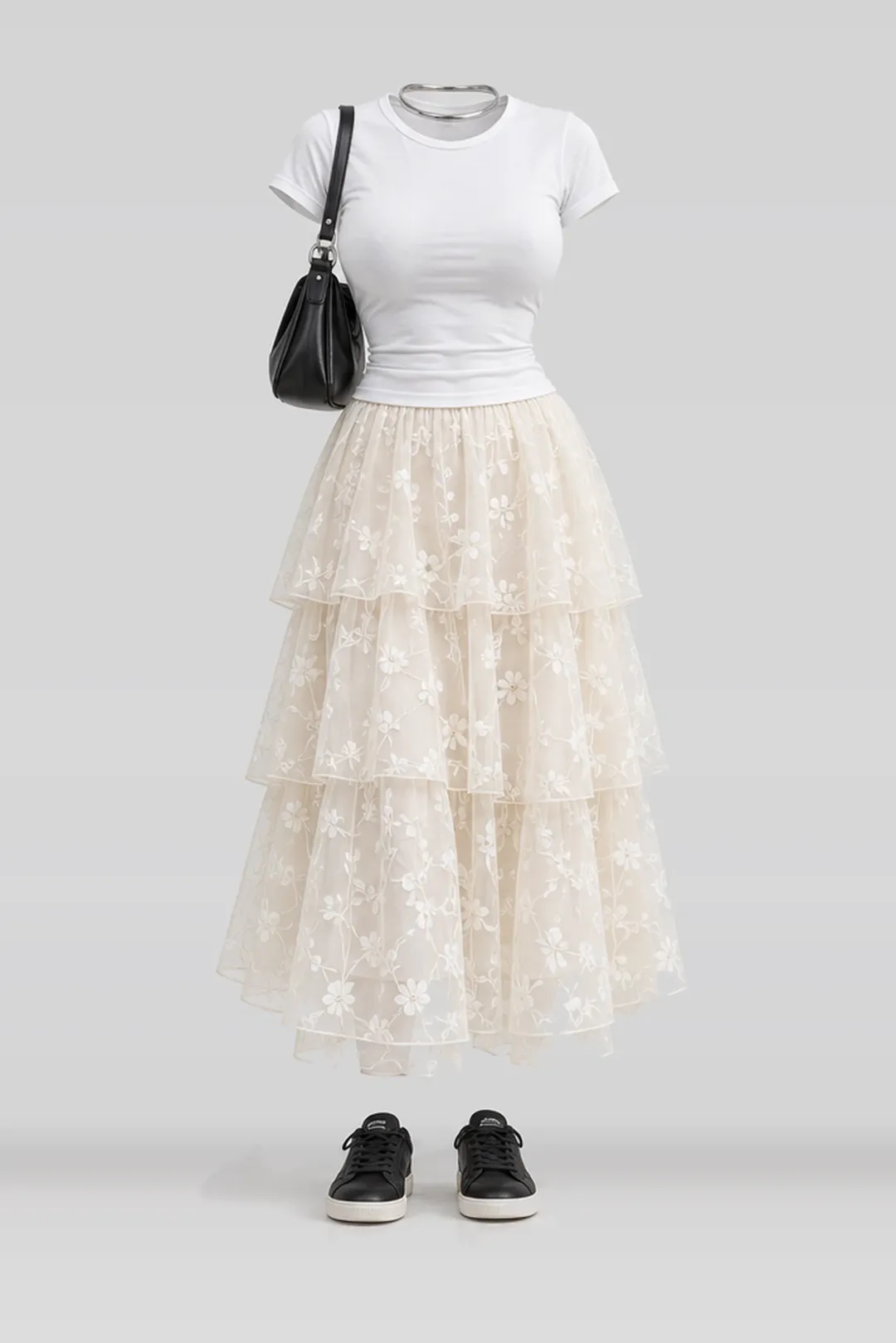 White ivory midi skirt + black sneakers