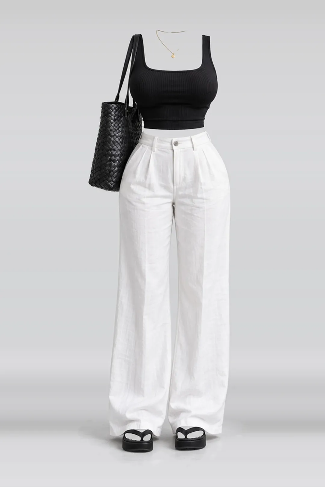 Black knit top + white sandals