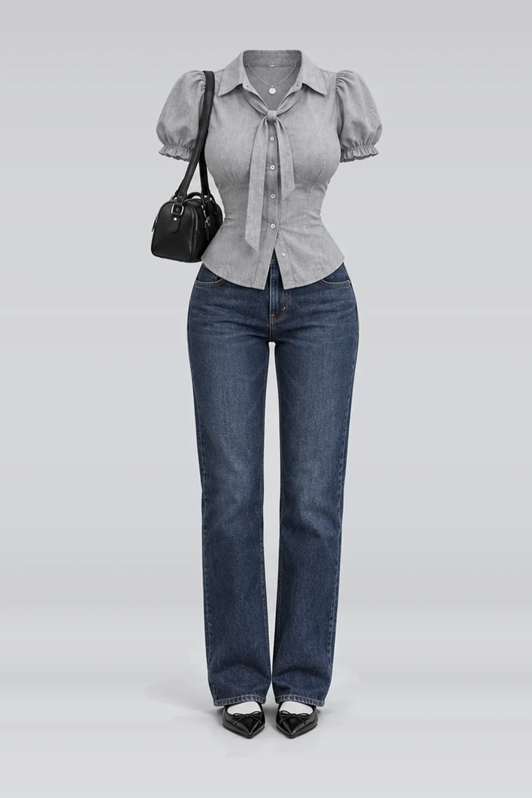Grey blouse + denim jeans