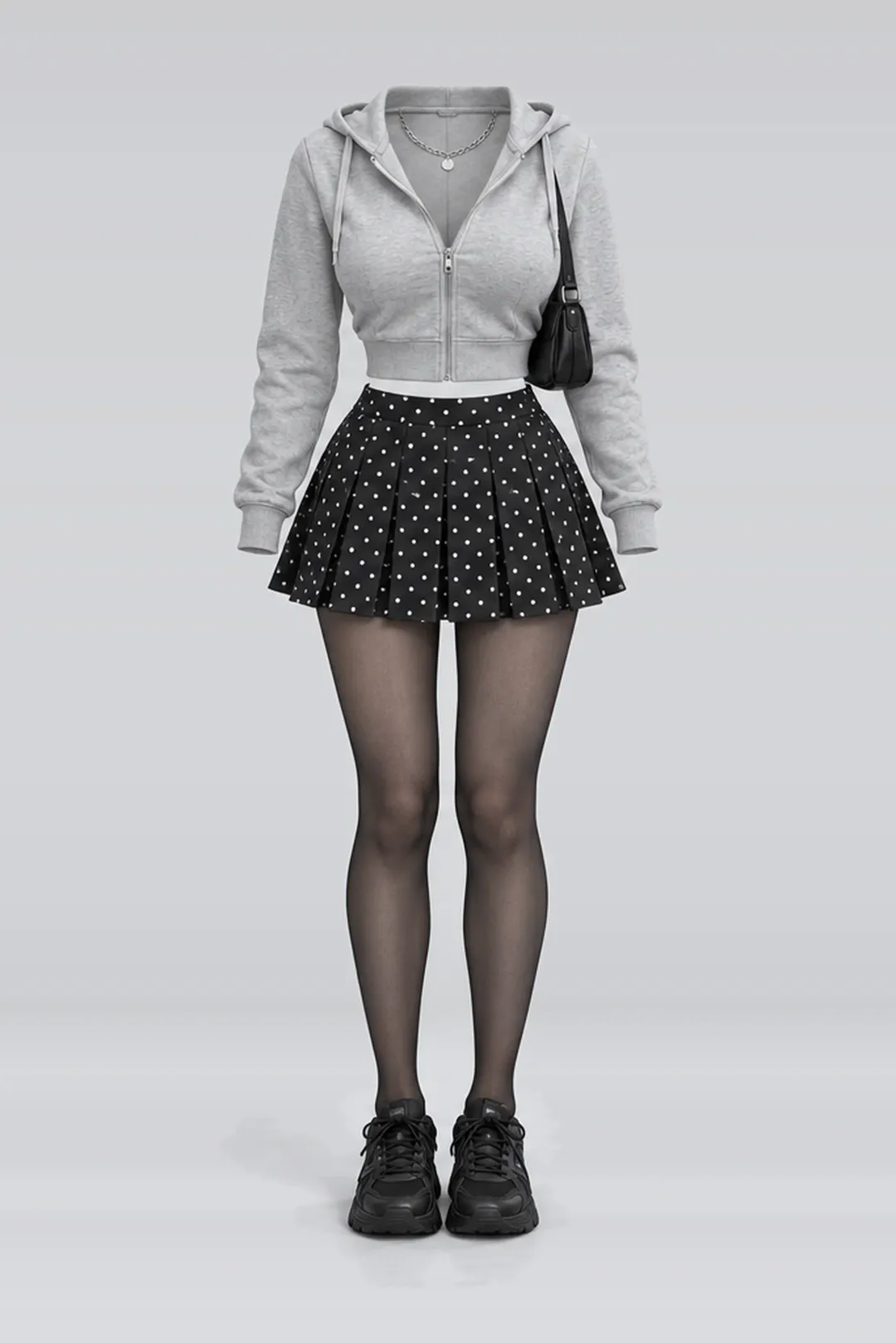 Grey hoodie + black polka-dot pleated mini skirt