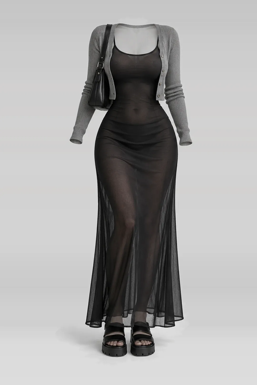 Black dress + grey cardigan