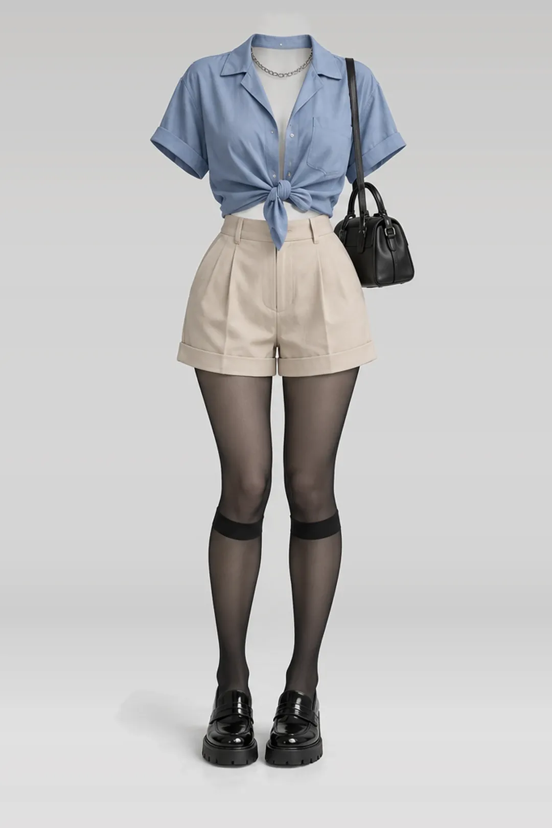 Blue shirt + beige shorts