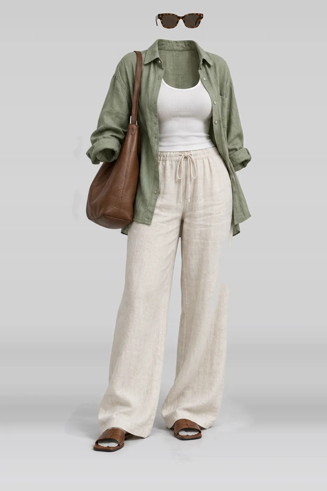 Green shirt + white trousers
