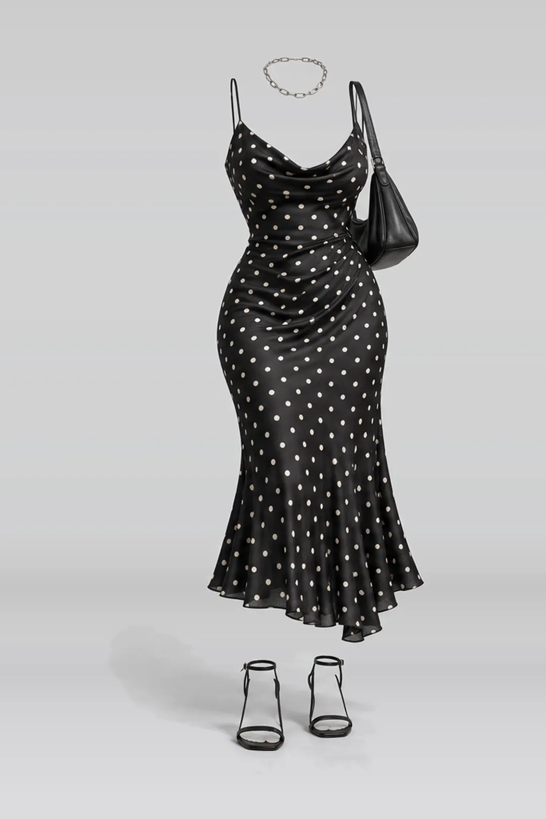 Black white polka-dot camisole + midi dress
