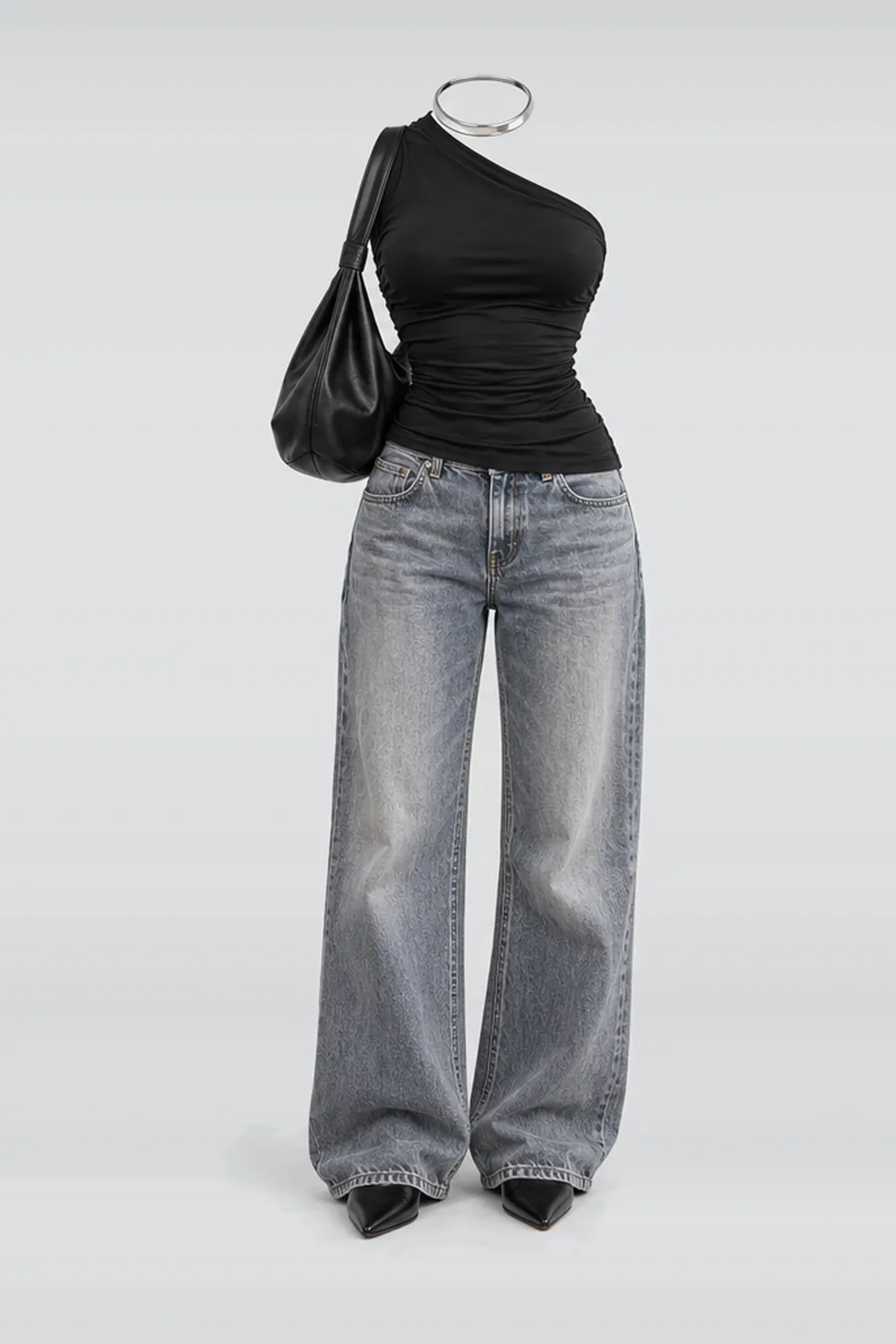 Black grey jeans + leather bag