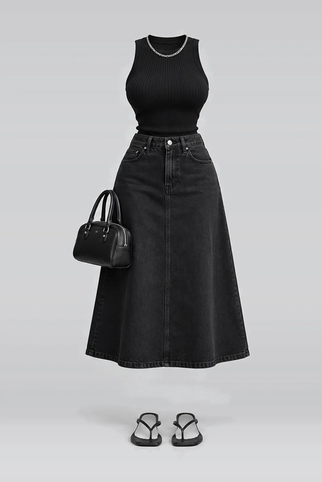 Black knit denim midi skirt + sandals