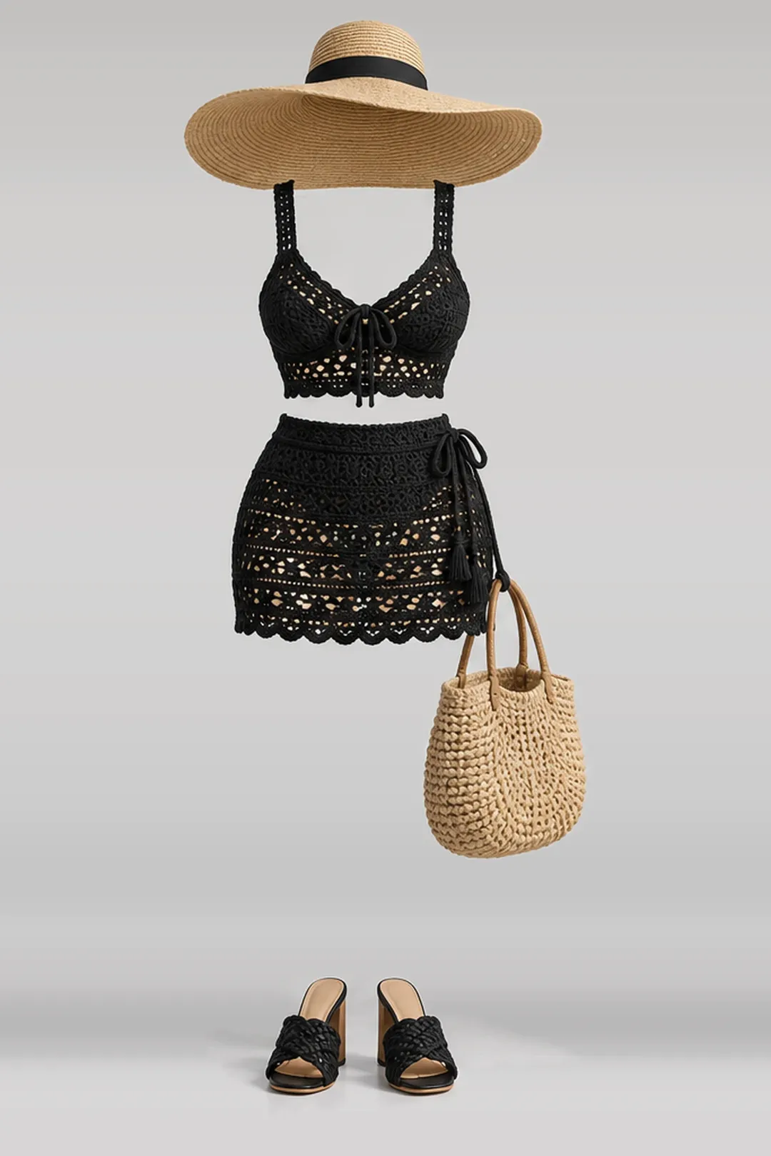 Black knit mini skirt + hat