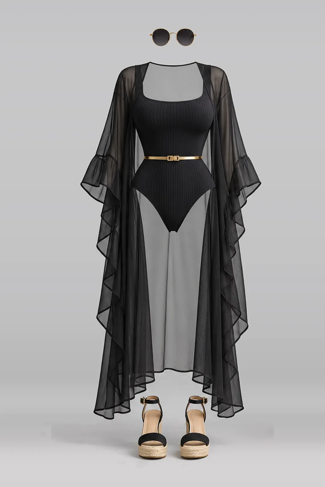 Black swimsuit + gold belt