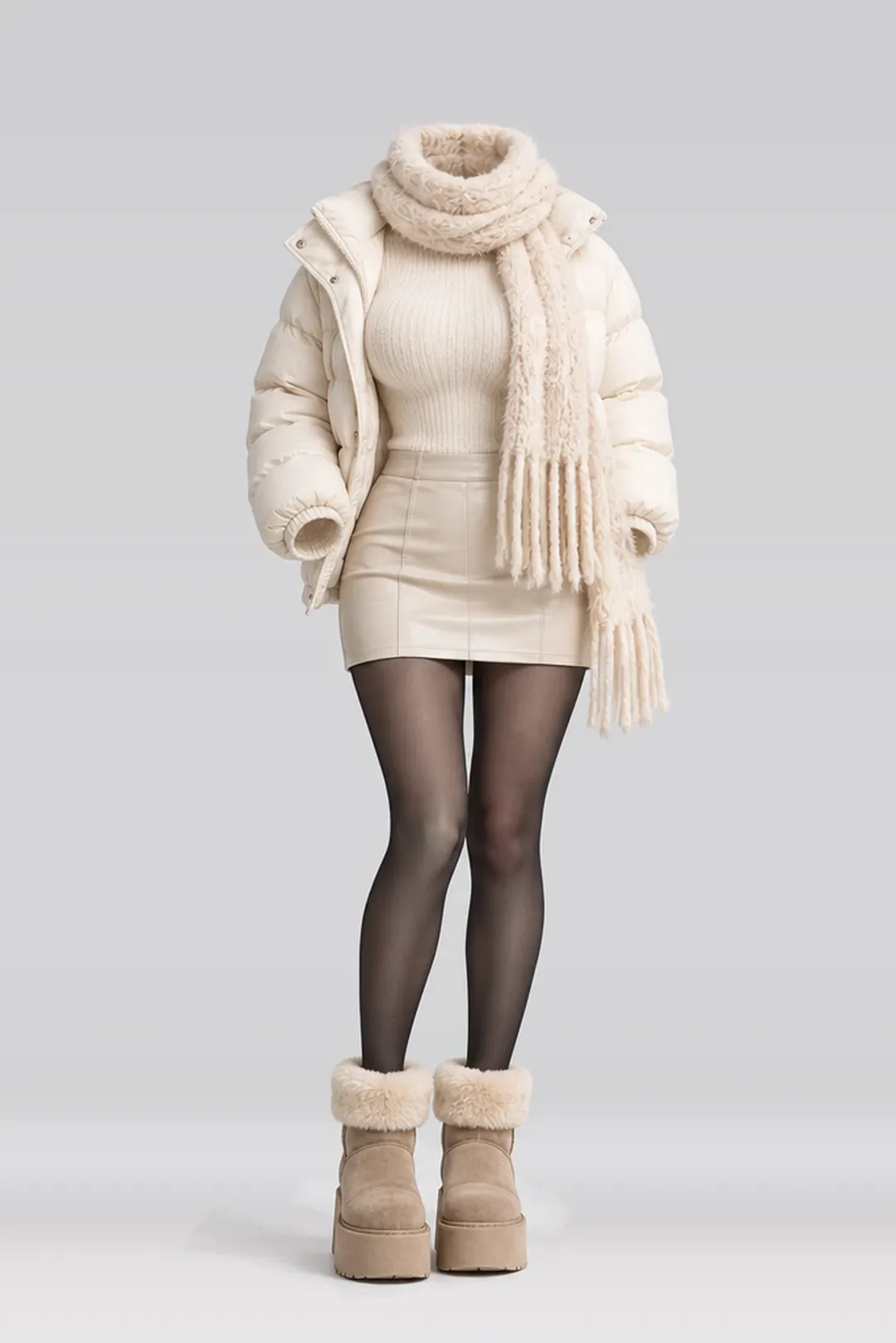 Cream knit top + ivory leather mini skirt