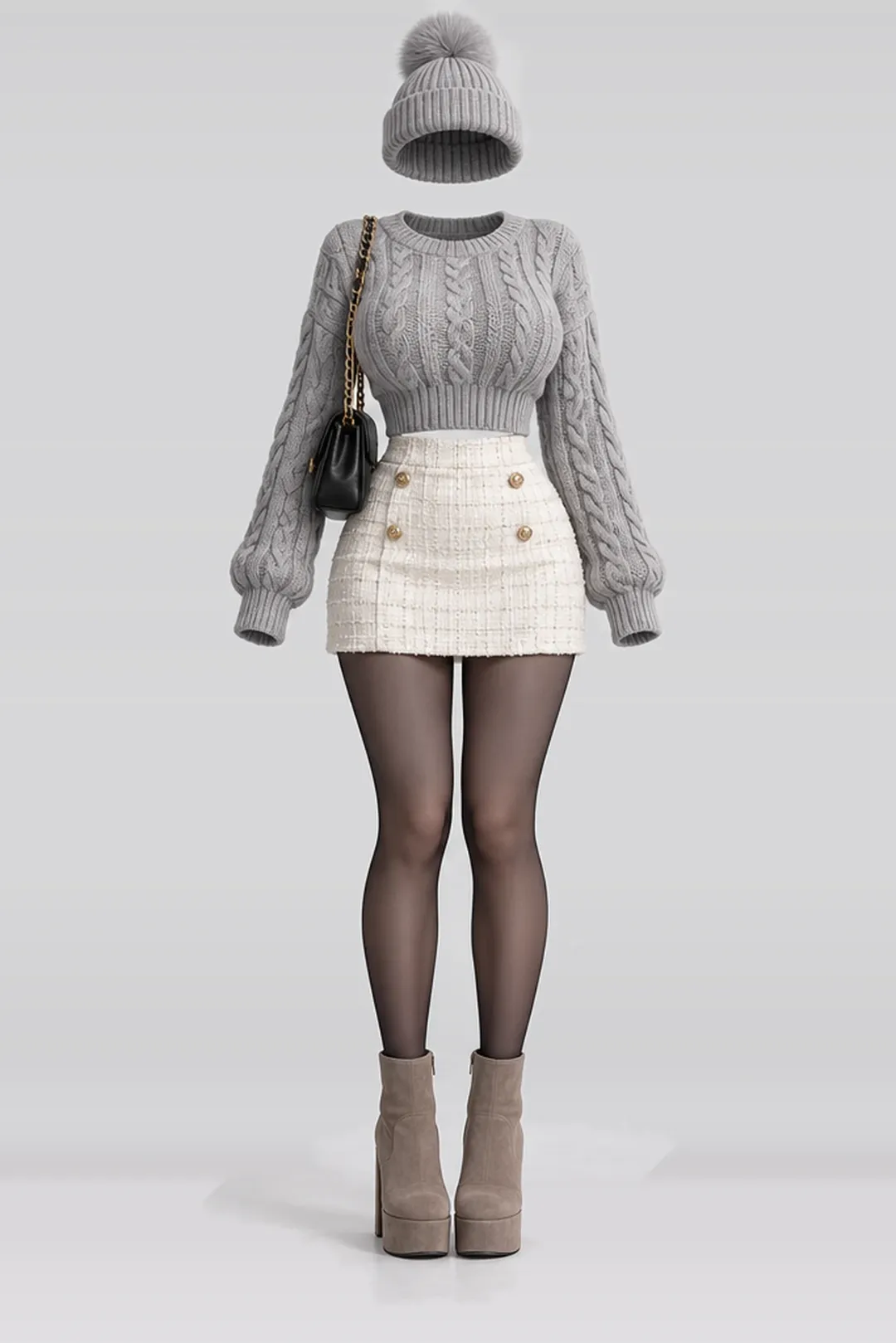 Silver grey knit sweater + ivory mini skirt